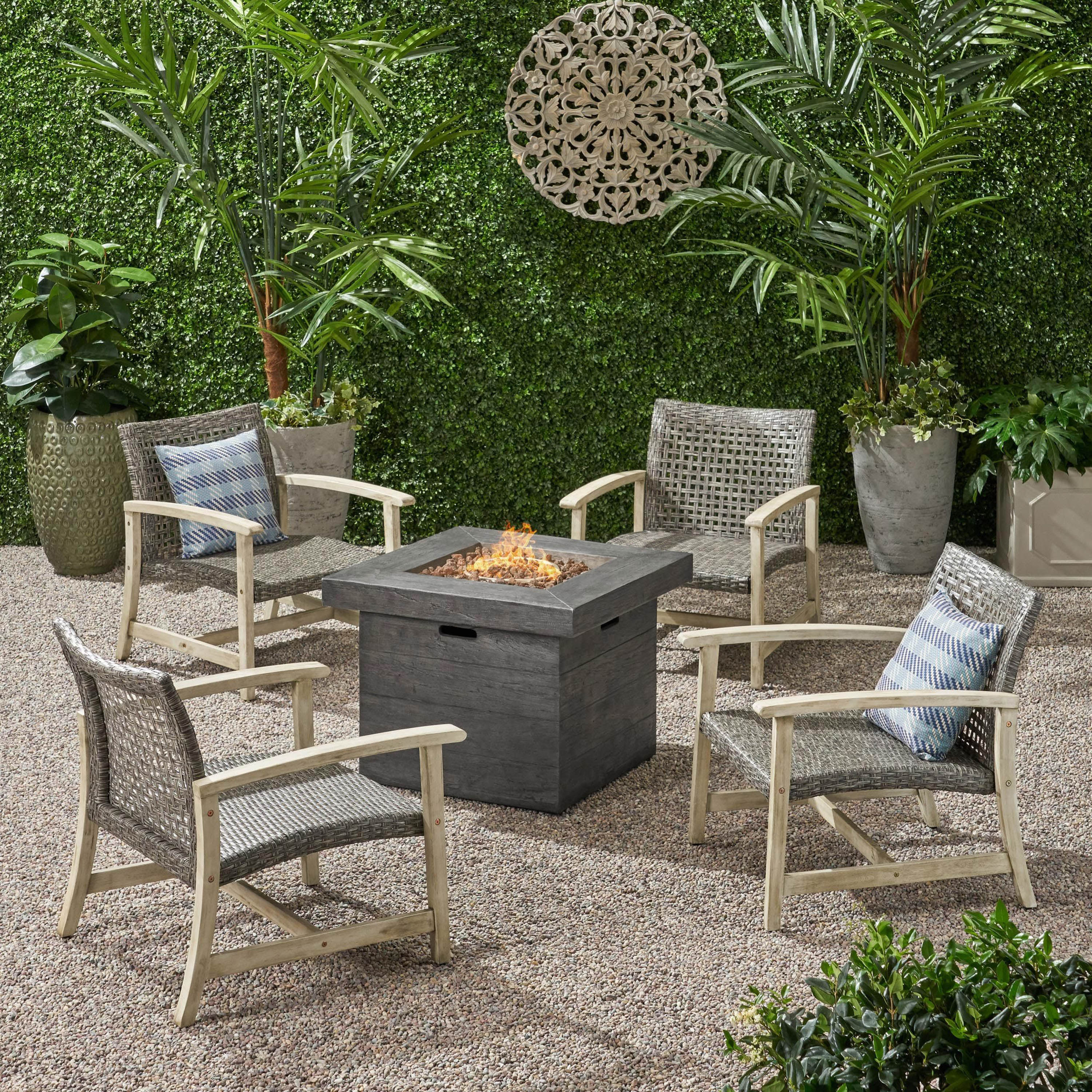 Eleanor Outdoor 5 Piece Wood and Wicker Club Chairs and Fire Pit Set - furnishings