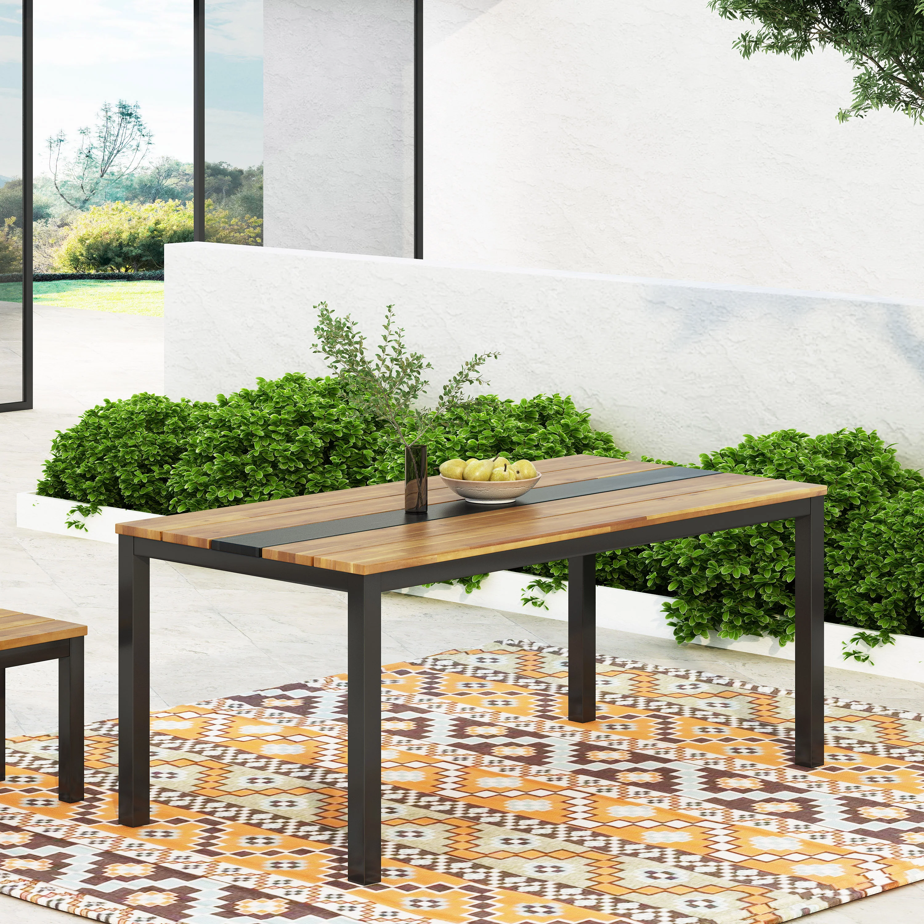 Colcord Outdoor Modern Industrial Acacia Wood Dining Table, Teak and Black - furnishings