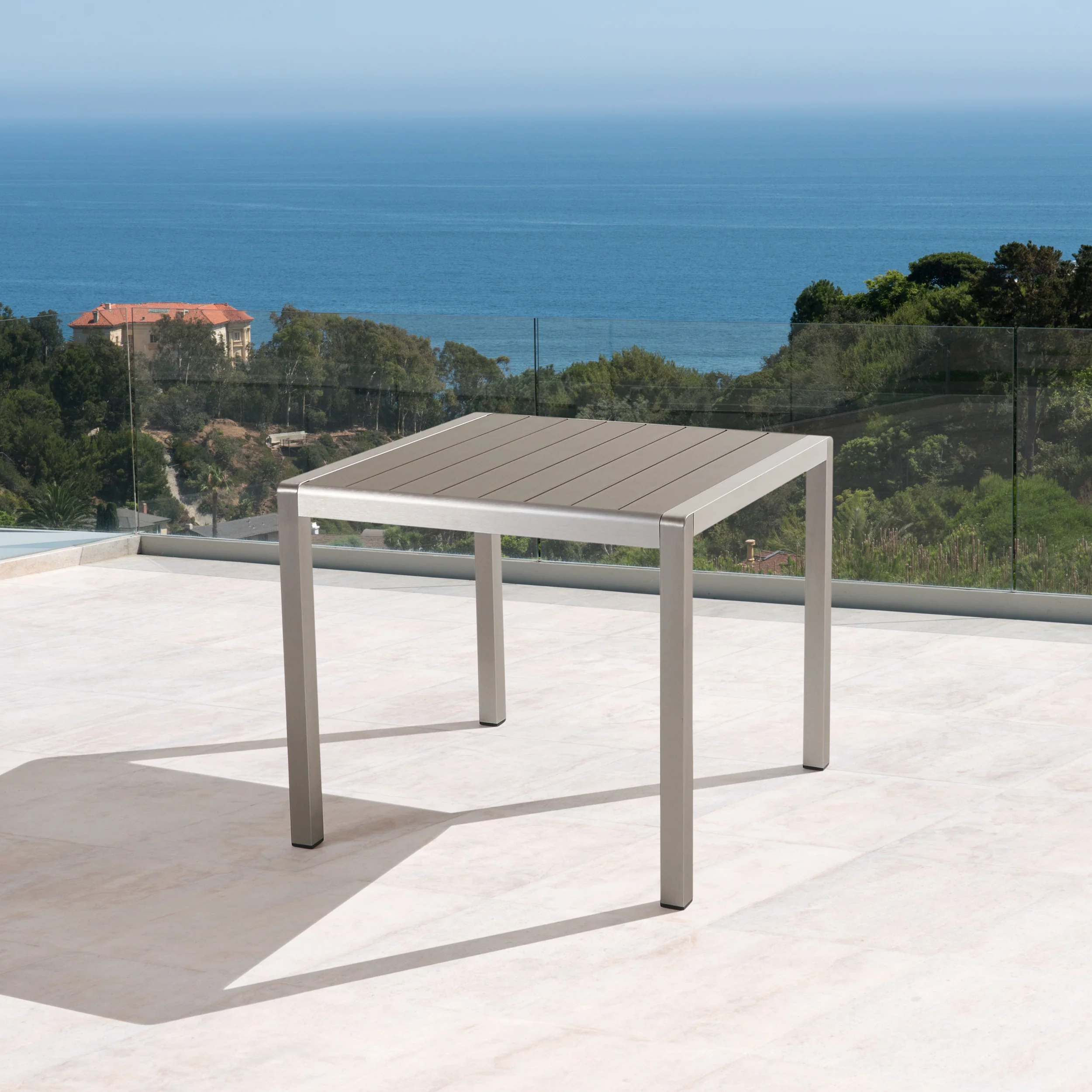 Louie Coral Outdoor Dining Table - Anodized Aluminum - Faux Wood Table Top - Square - Silver and Gray - 35-inch - furnishings