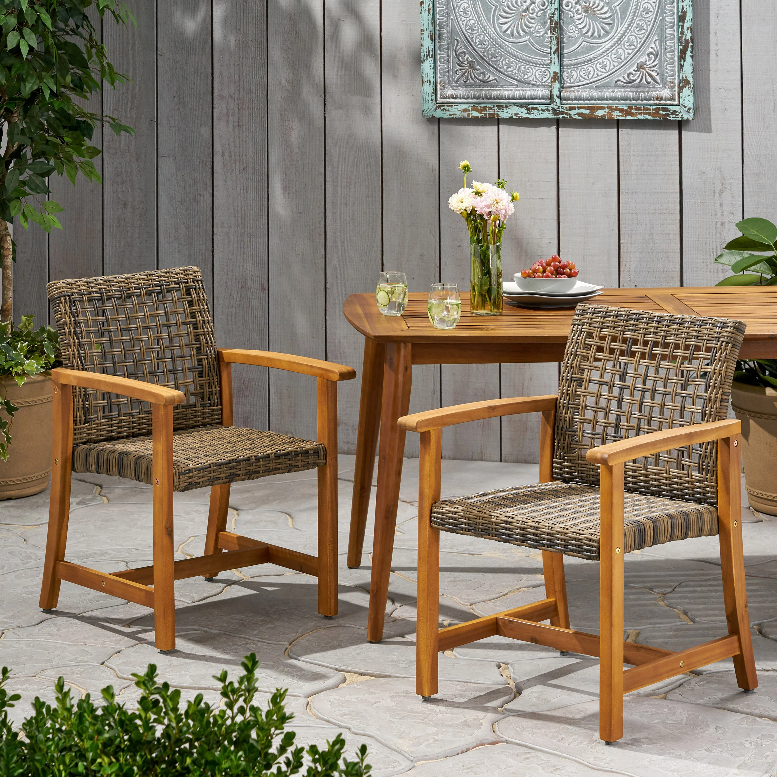 Alyssa Outdoor Acacia Wood and Wicker Dining Chair (Set of 2) - furnishings