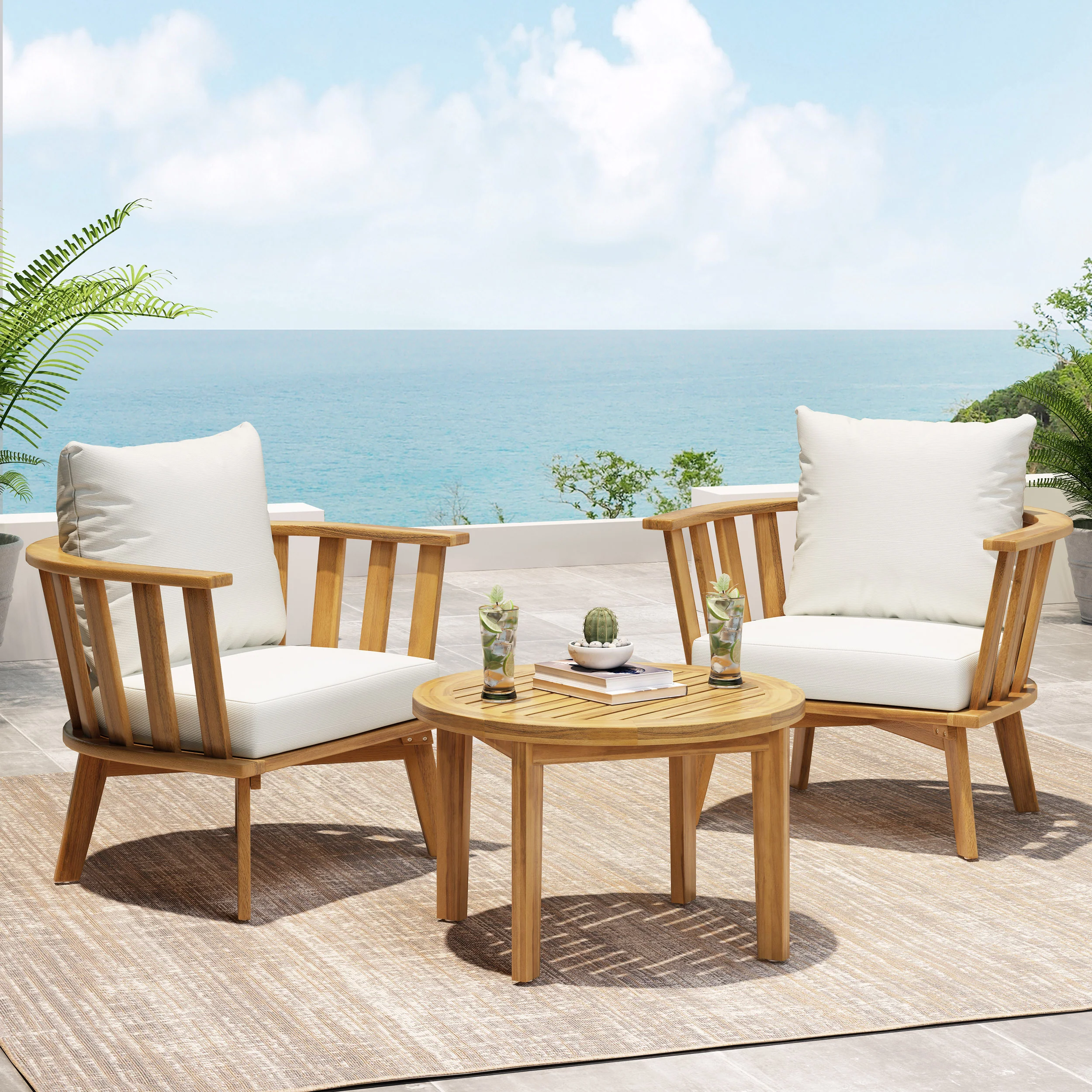Laiah Outdoor 2 Seater Wooden Chat Set with Round Coffee Table - furnishings