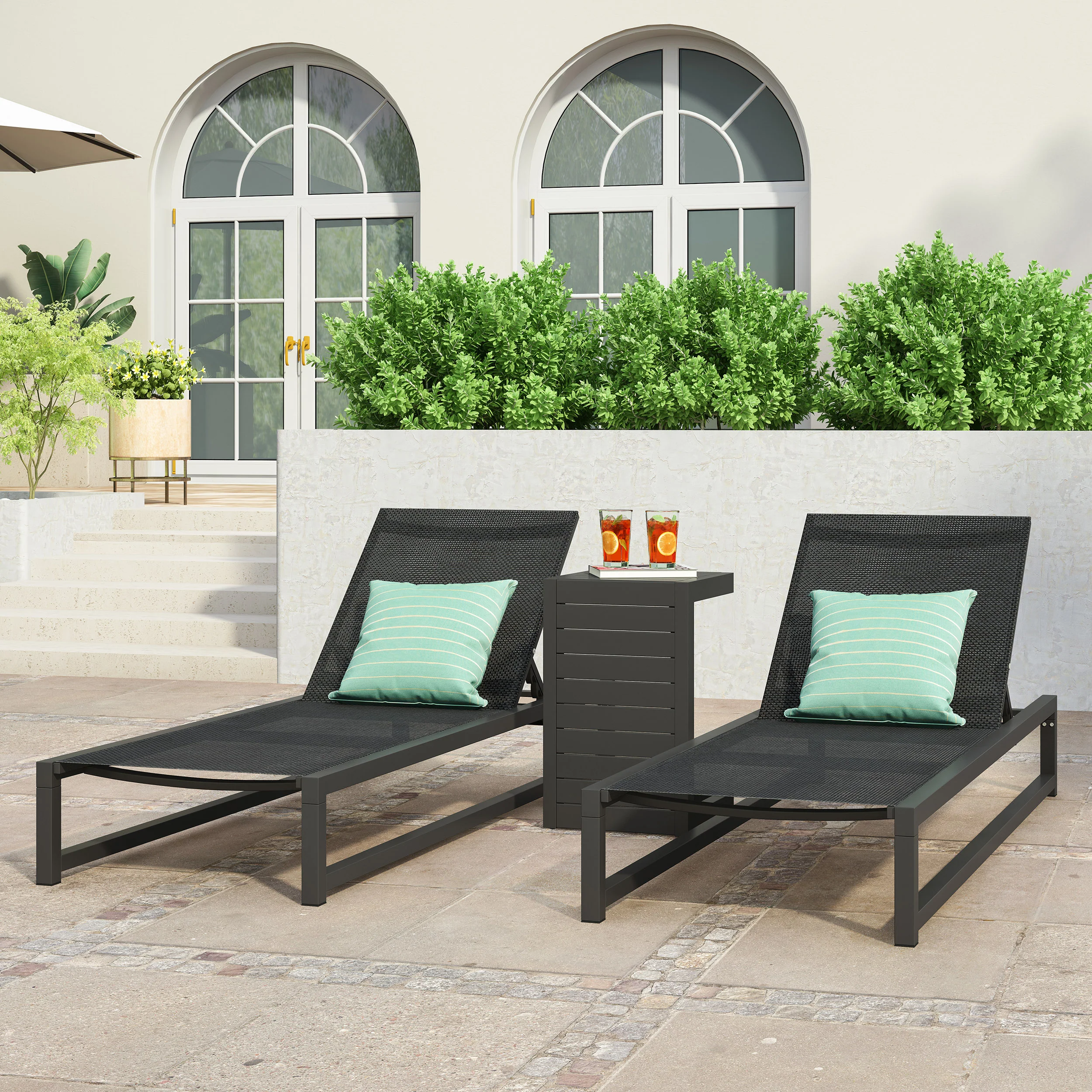 Moderna Outdoor Aluminum Chaise Lounge Set with C-Shaped End Table - furnishings