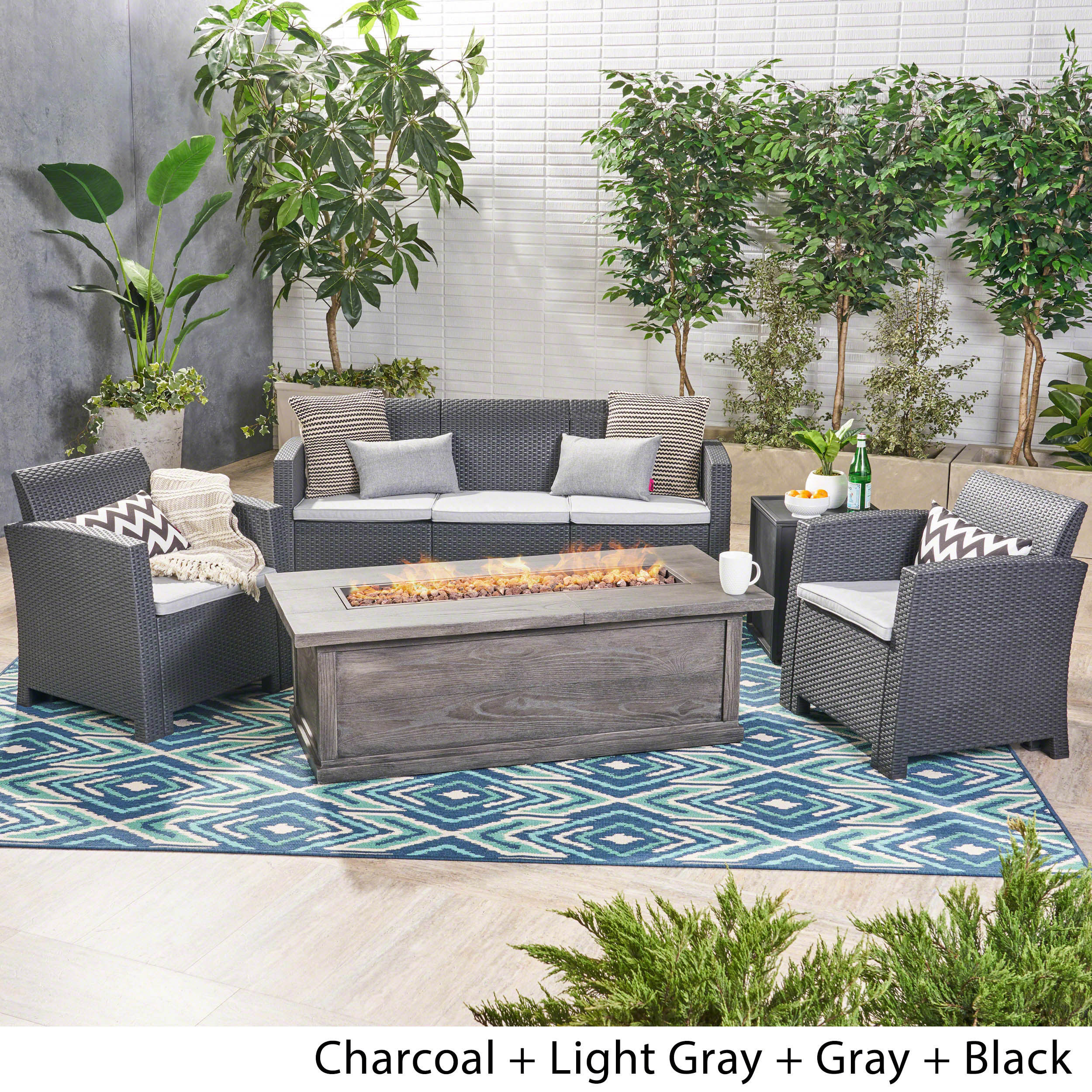 Melik Outdoor 5-Seater Wicker Print Chat Set with Fire Pit and Tank Holder - furnishings