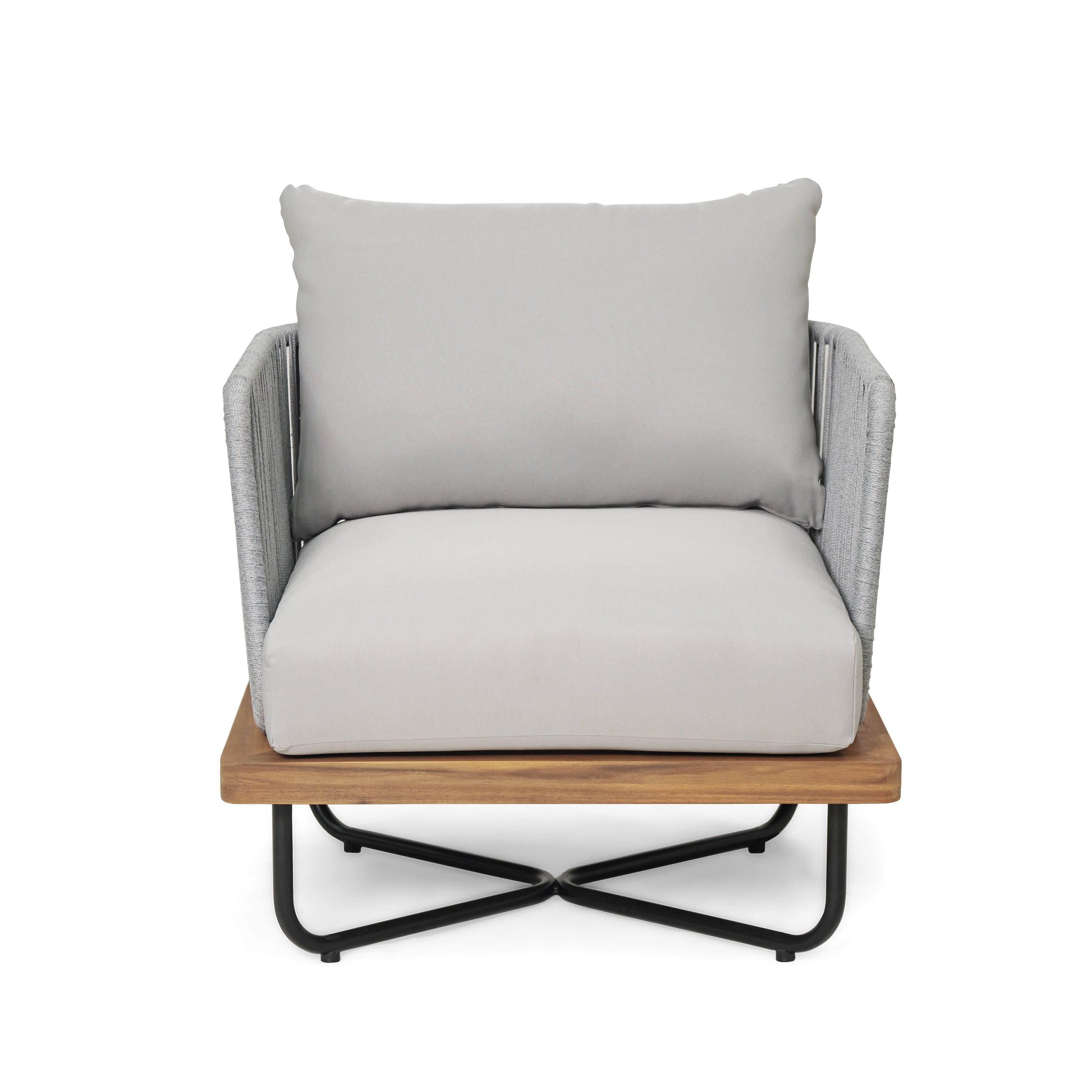 Caiuss Upholstered Outdoor Patio Acacia Wood Club Chair with Iron Base - furnishings