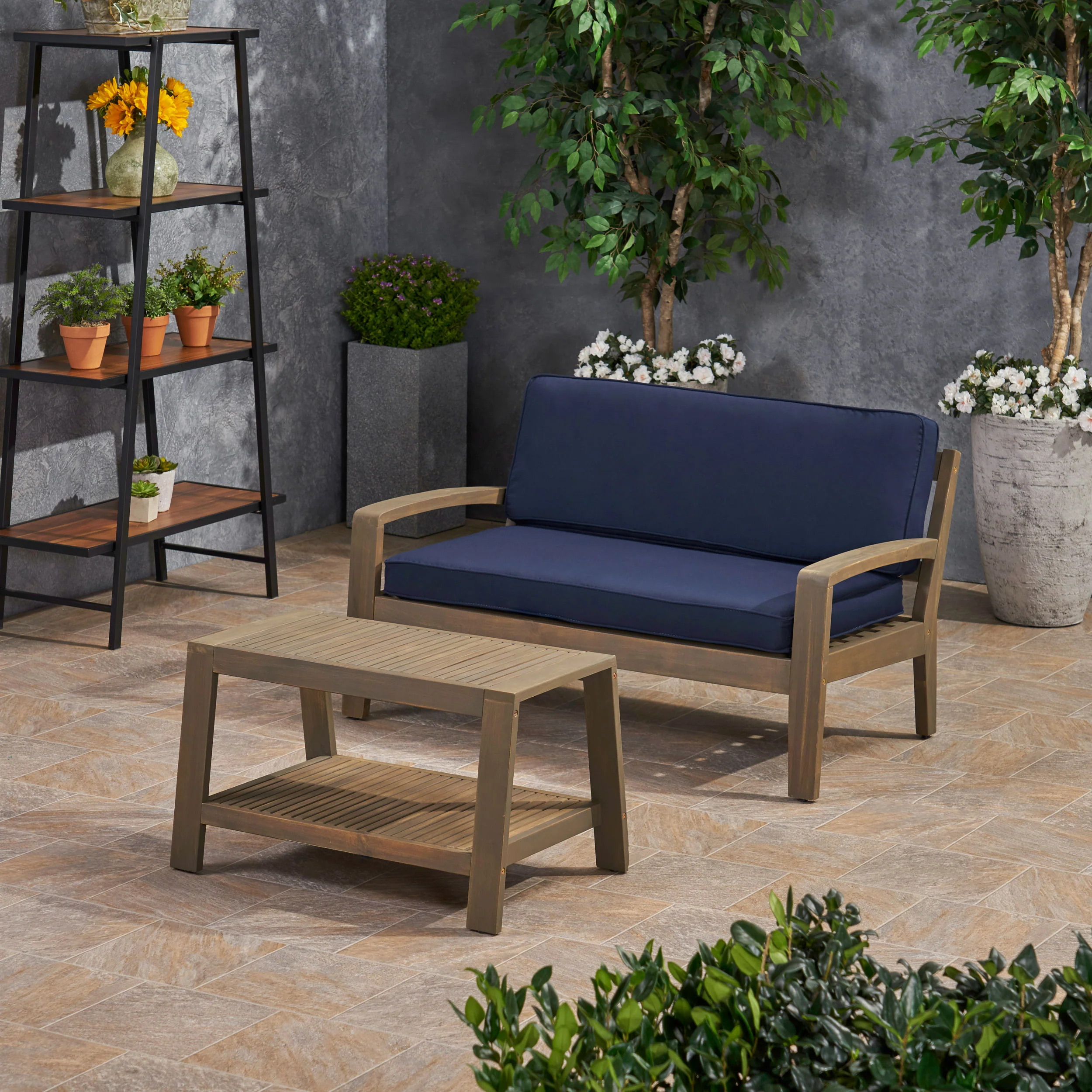 Parma Outdoor Acacia Wood Loveseat and Coffee Table Set with Sunbrella Cushions - furnishings