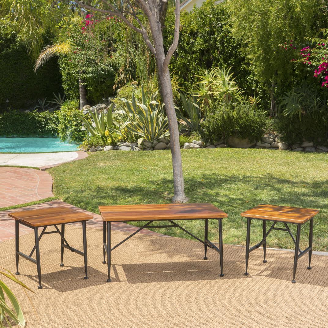 Ellaria Outdoor Rustic Industrial Acacia Wood Coffee Table and Accent Table Set with Metal Frame, Teak and Black - furnishings