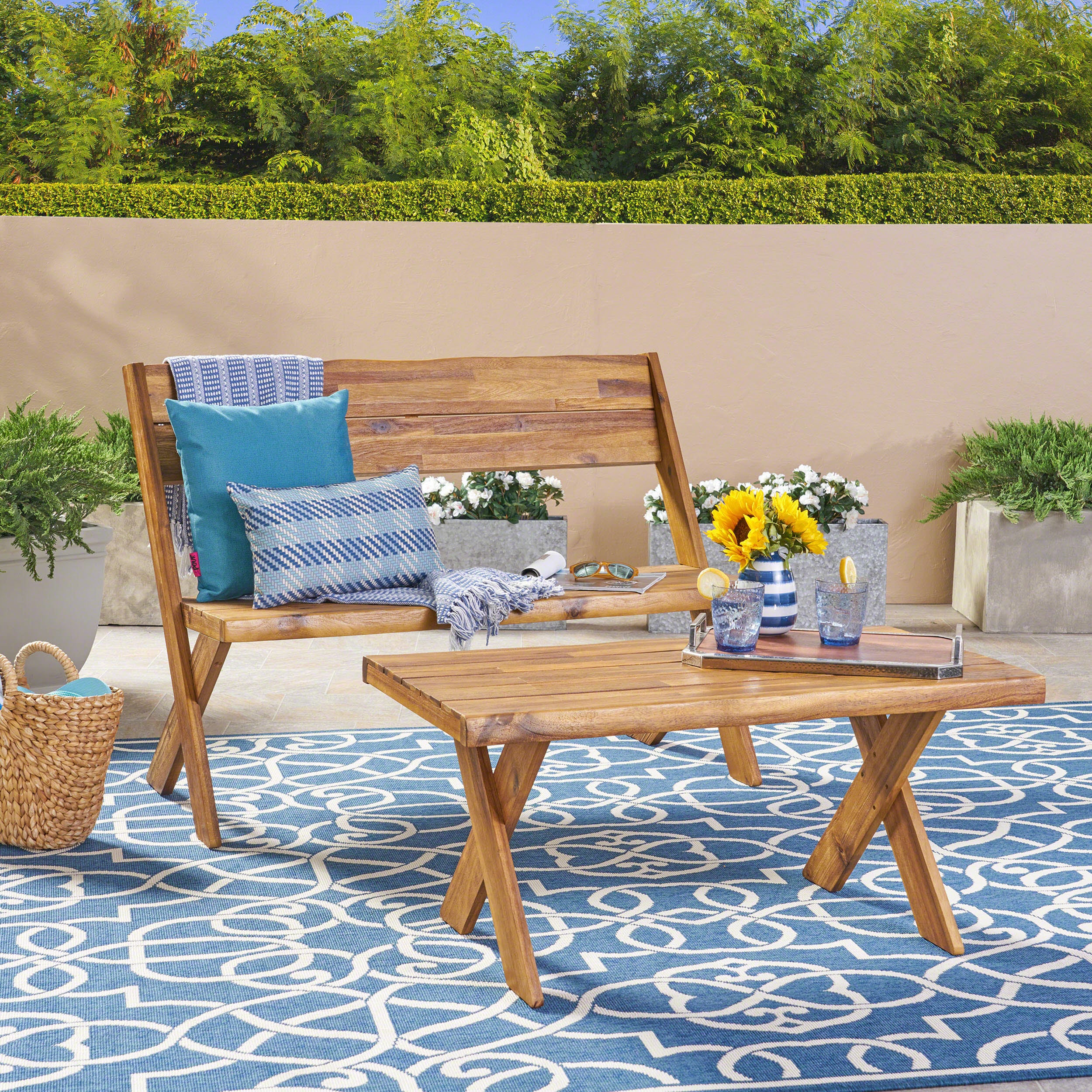 Anthony Outdoor Acacia Wood Loveseat and Coffee Table Set, Sandblast Teak - furnishings