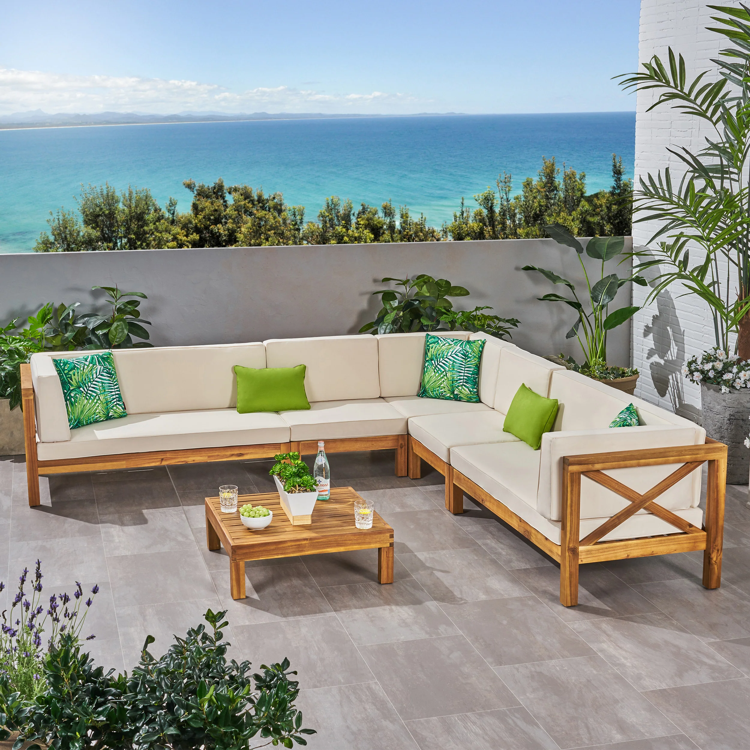 Cynthia Outdoor 7 Seater Acacia Wood Sectional Sofa Set - furnishings
