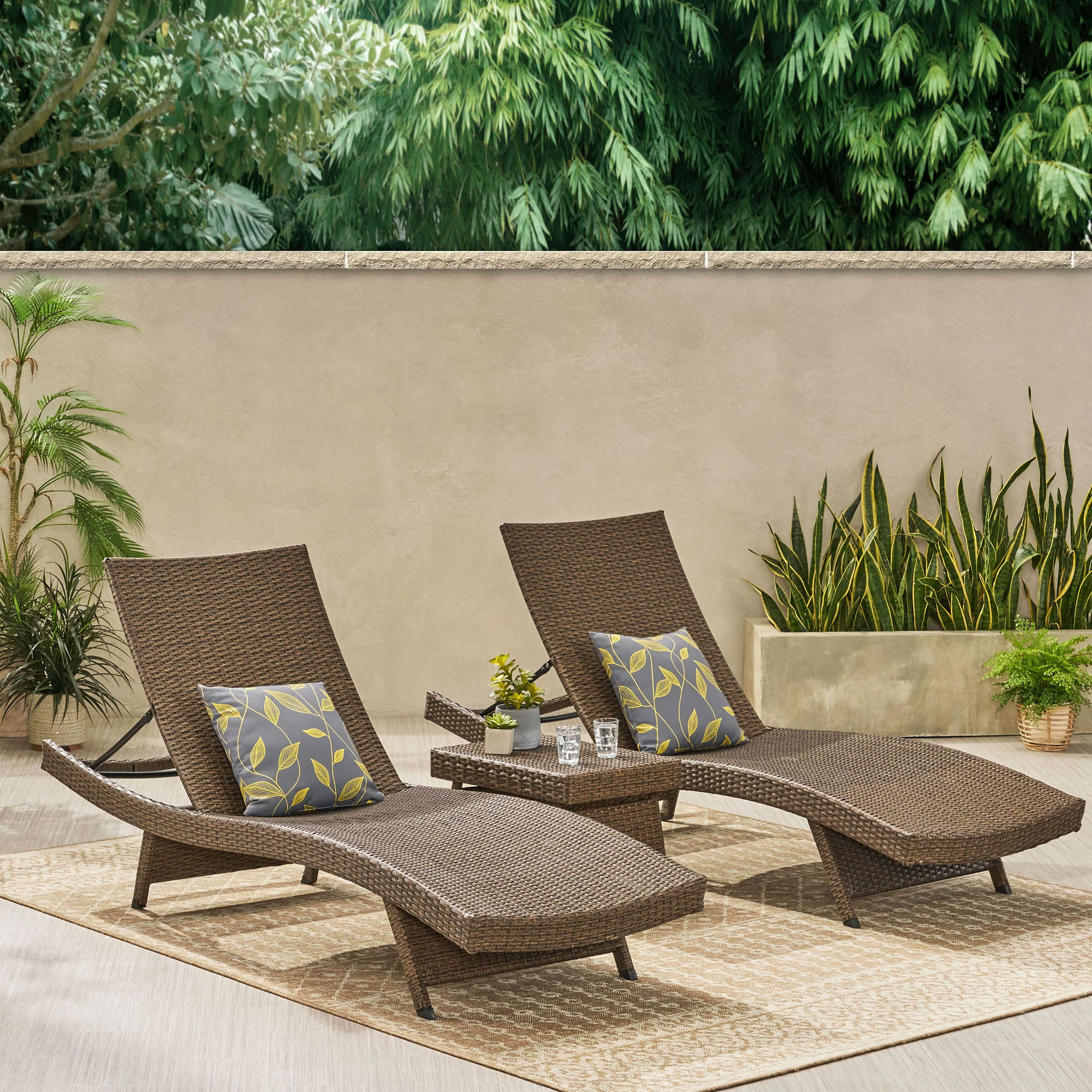 Samulle Outdoor 3 Piece Mixed Mocha Wicker Armless Chaise Lounge and Table Set - furnishings