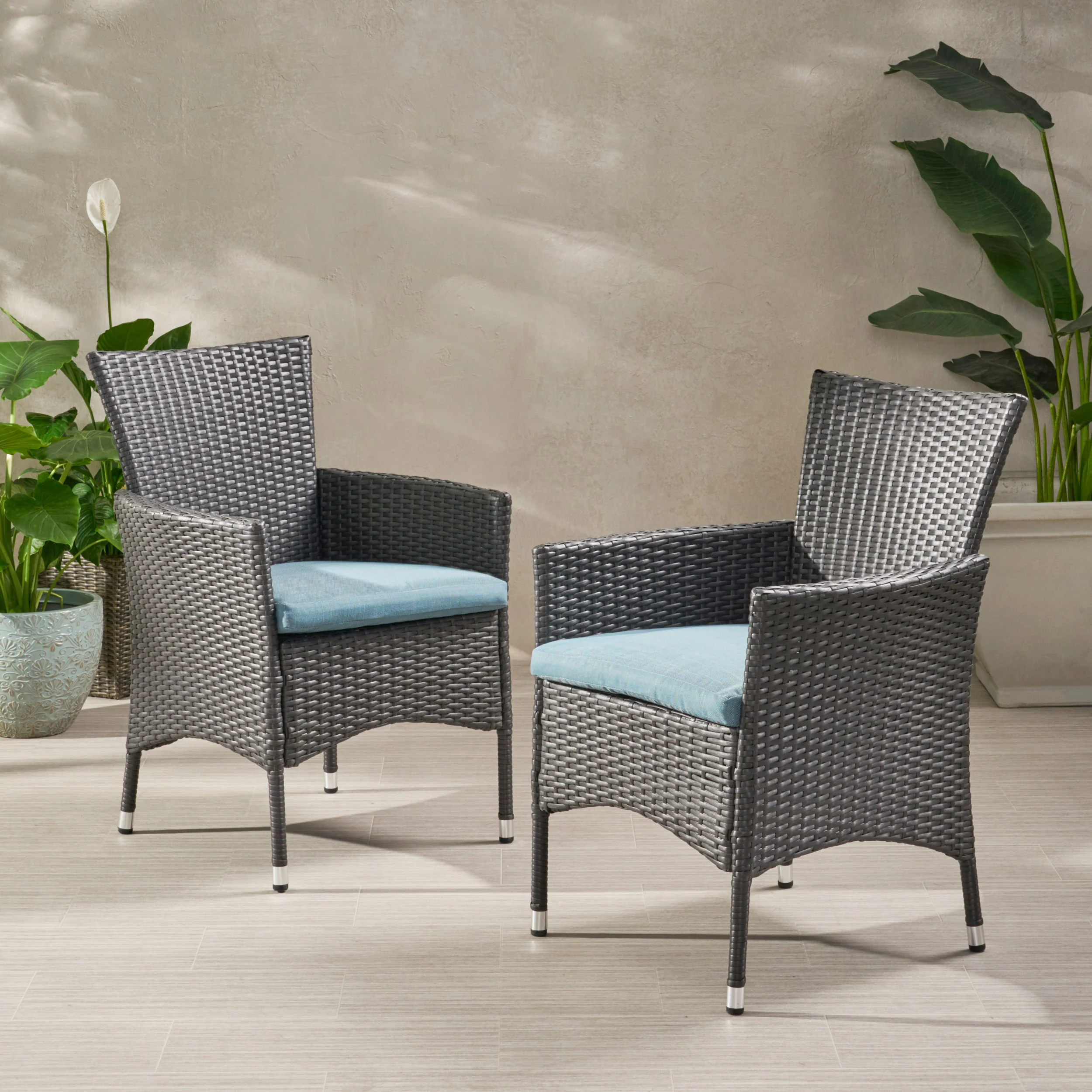 Clementine Outdoor Wicker Dining Chairs with Water Resistant Cushions - Set of 2 - furnishings