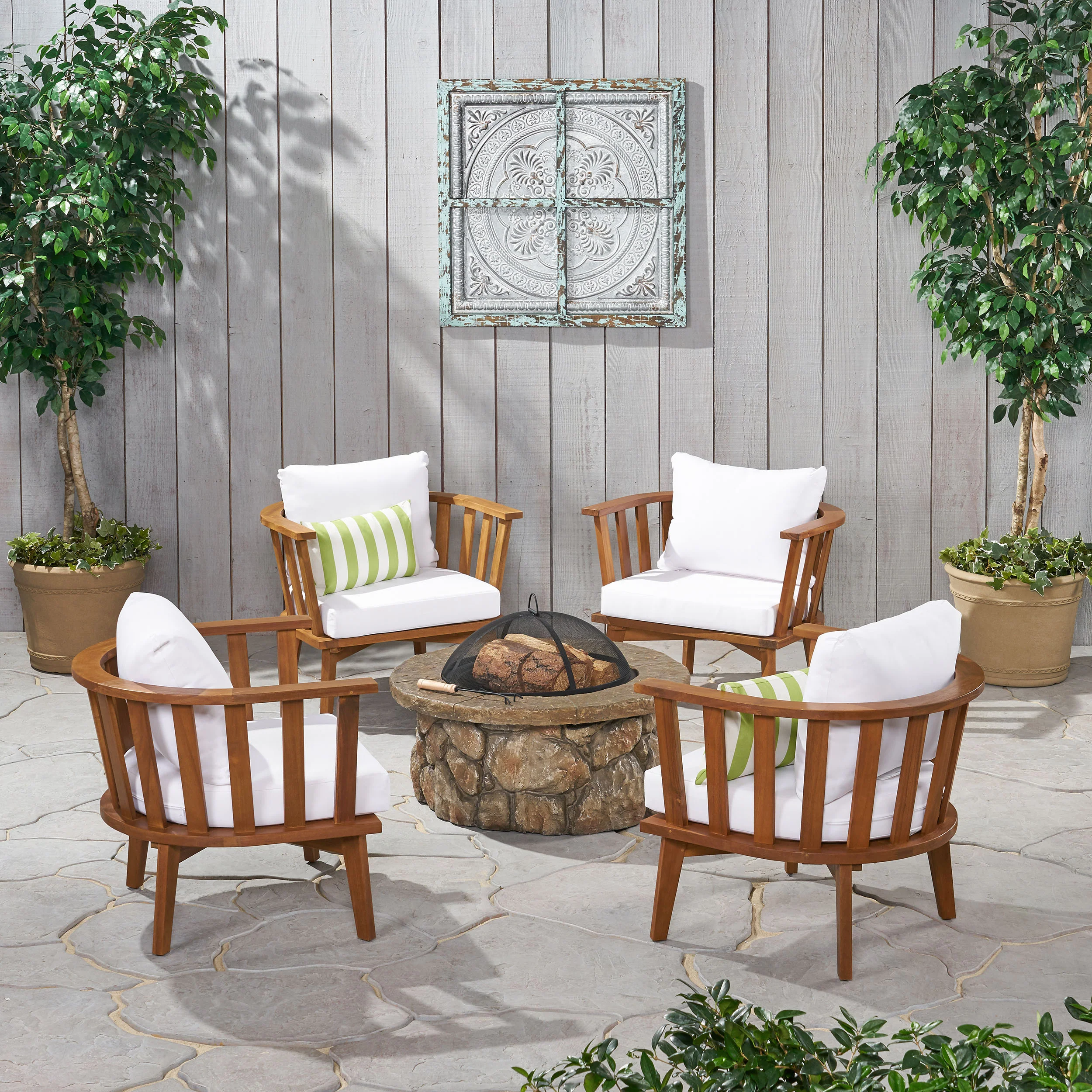 Khalel Outdoor Acacia Wood 4 Seater Club Chairs and Fire Pit Set - furnishings