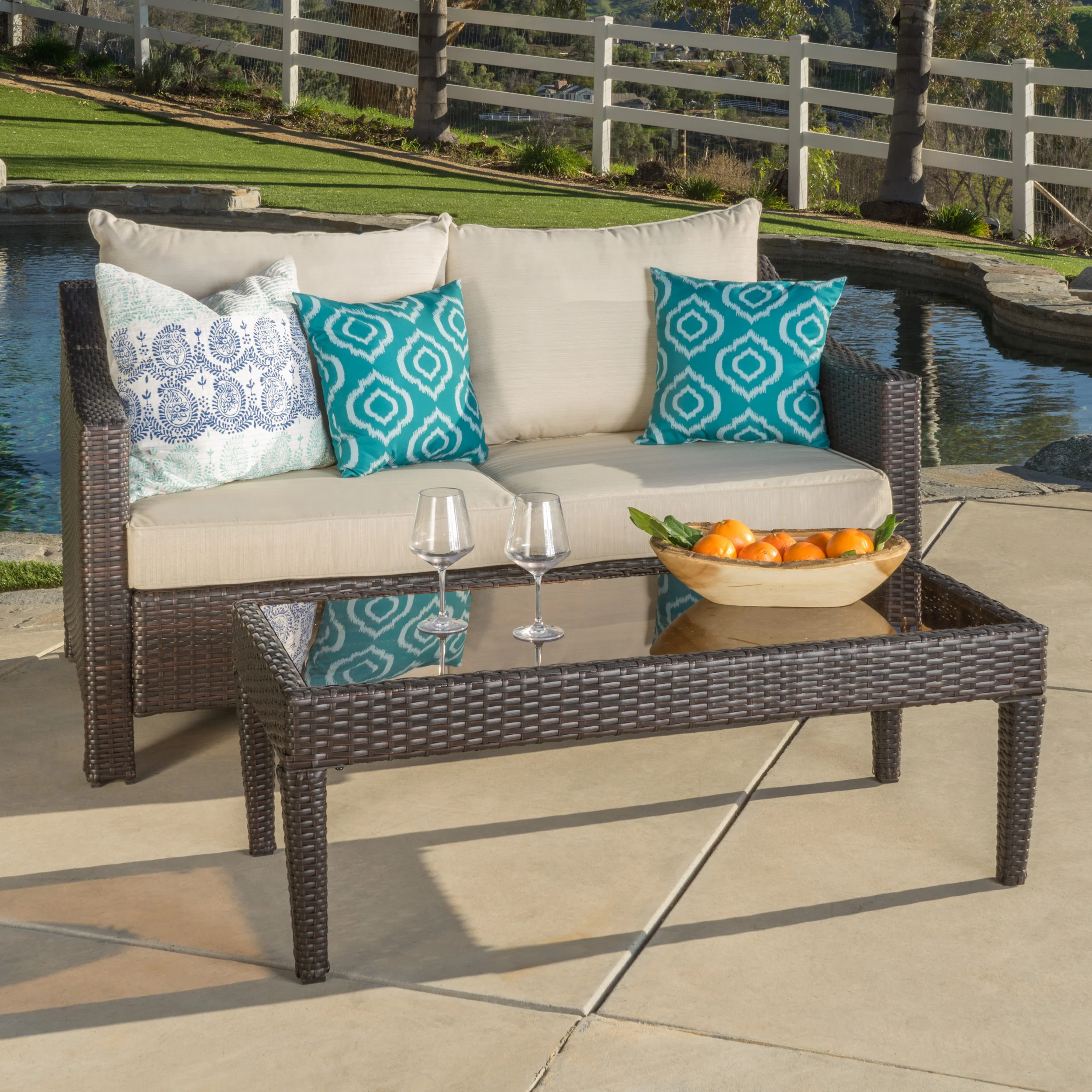 Aspen Outdoor Wicker Loveseat and Coffee Table with Cushions - furnishings