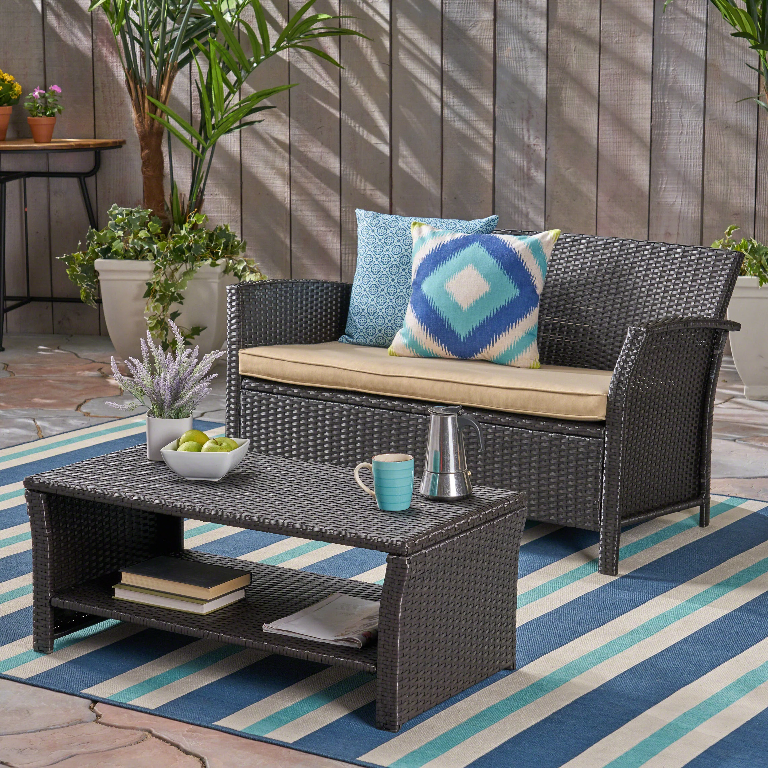 Lucia Outdoor Wicker Loveseat with Coffee Table - furnishings