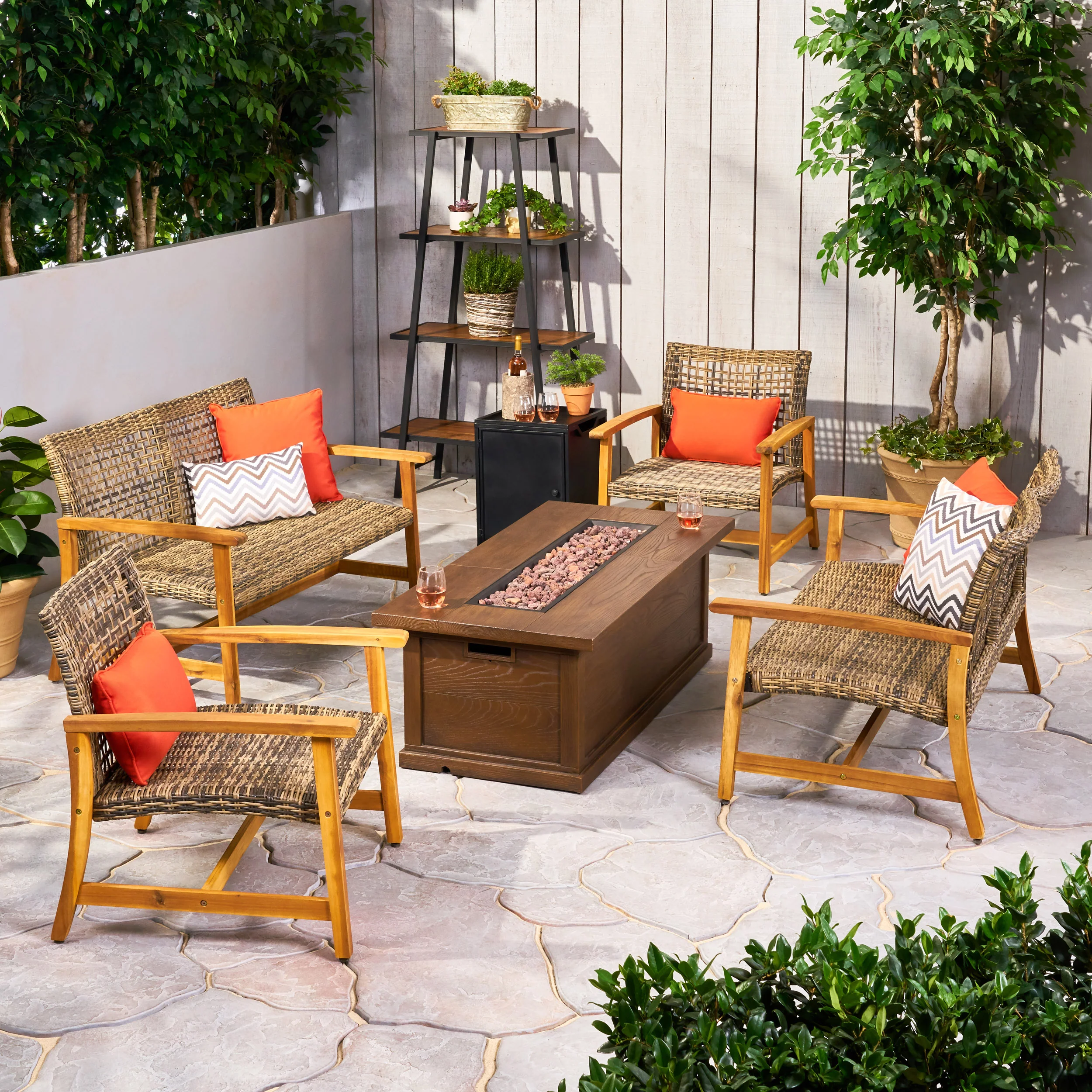 Rachel Outdoor 6 Piece Wood and Wicker Chat Set with Fire Pit - furnishings
