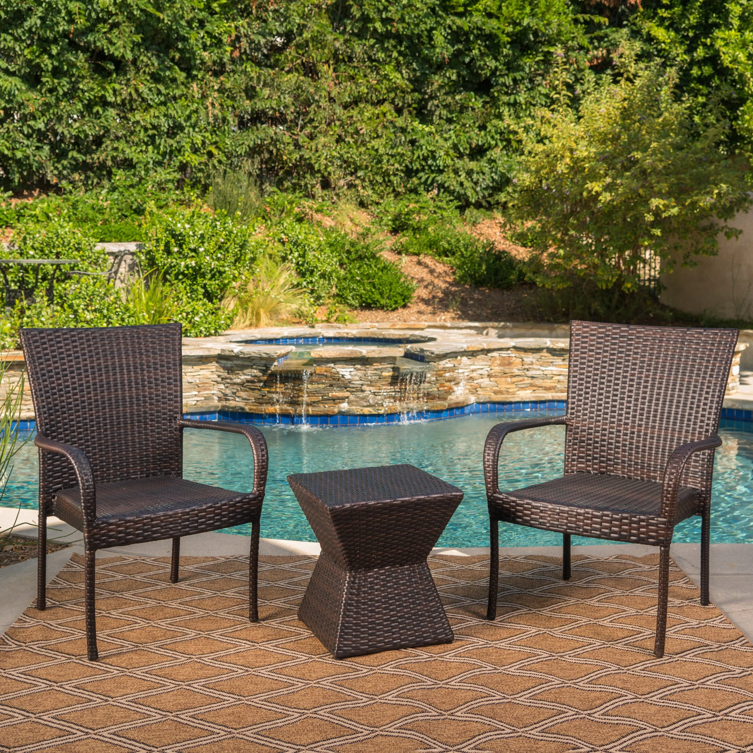 Bakerville Outdoor 3 Piece Multi-Brown Wicker Chat Set with Stacking Chairs - furnishings