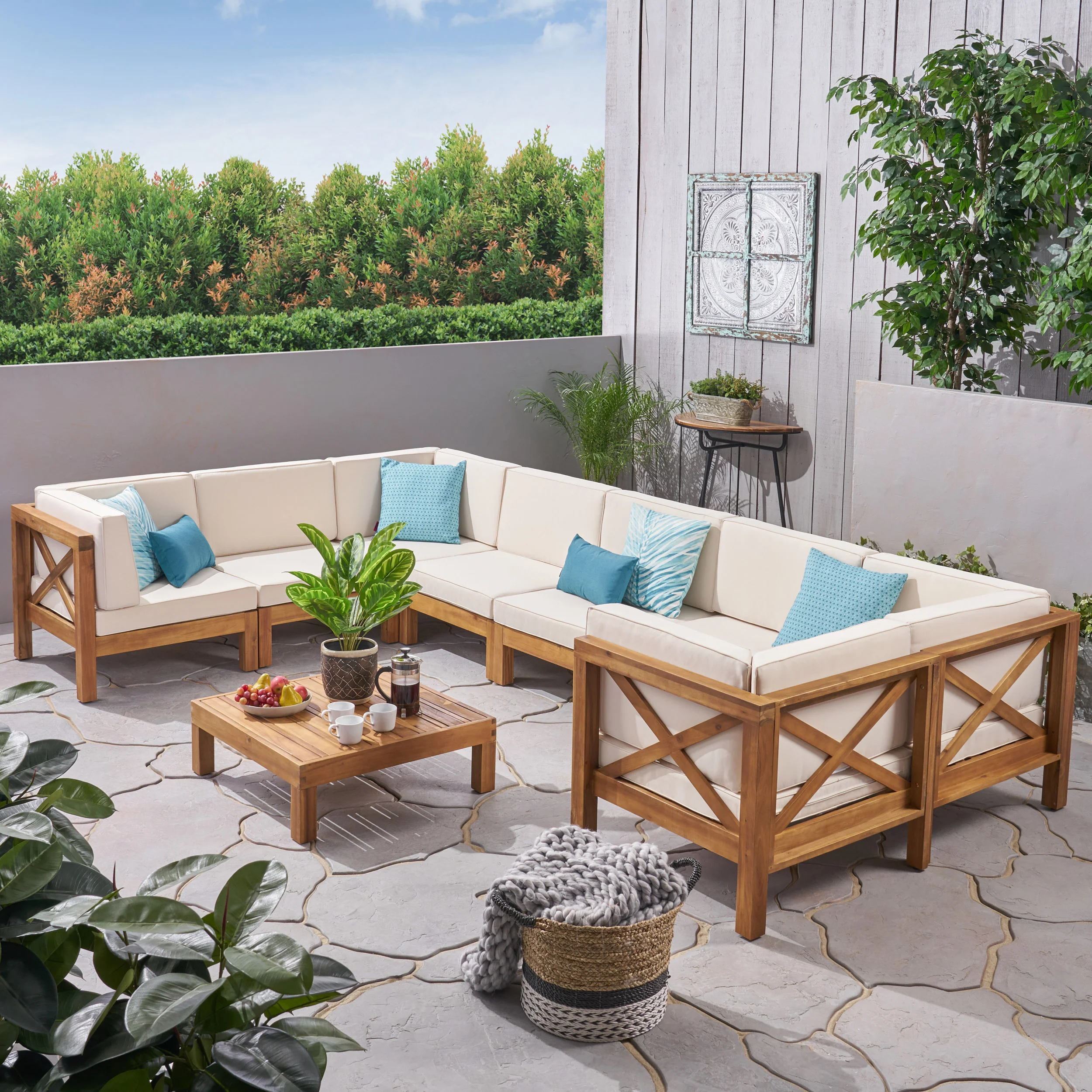 Brava Outdoor 8-Seater Acacia Wood Sectional Sofa Set with Coffee Table - furnishings