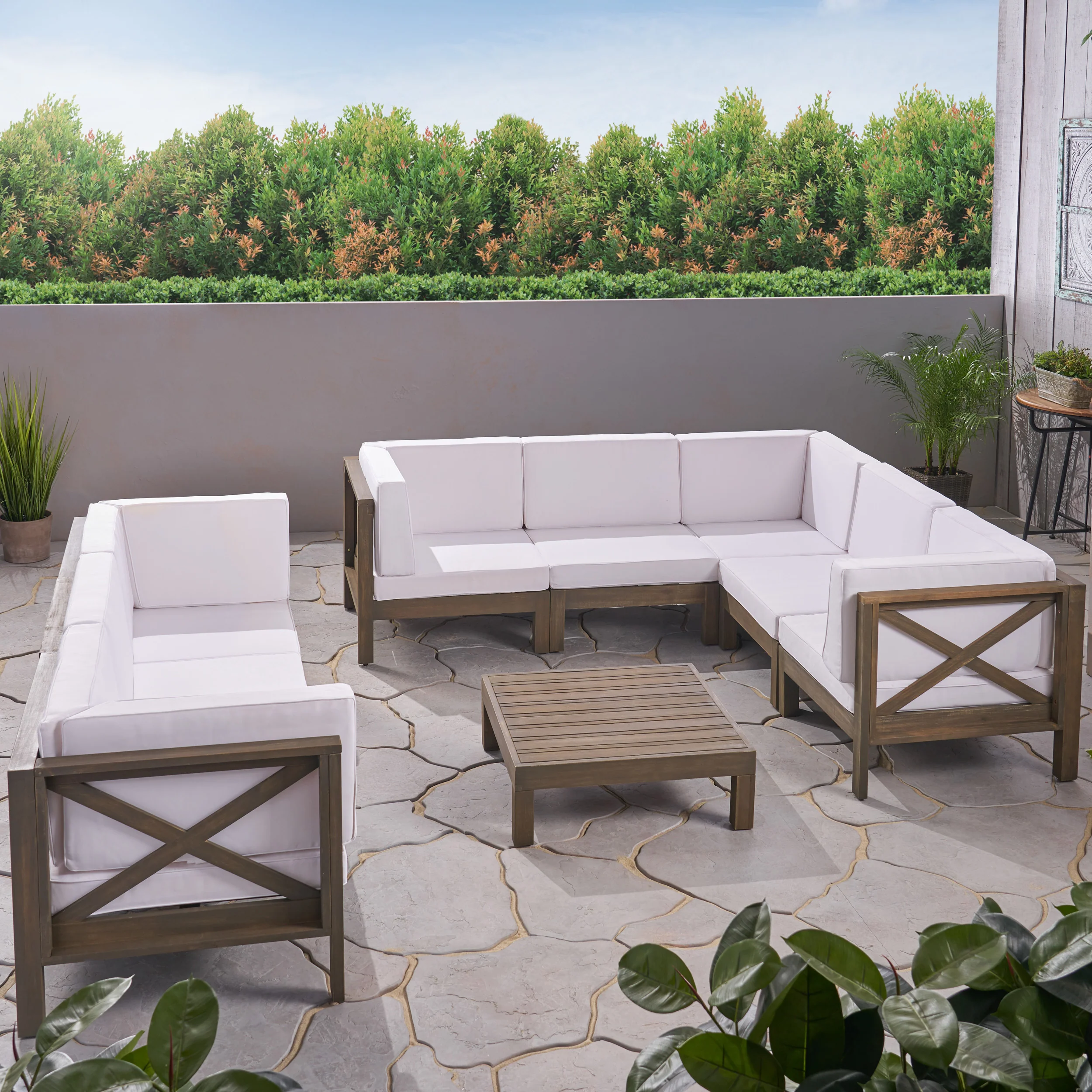 Cynthia Outdoor Acacia Wood 8 Seater Sectional Sofa Set with Coffee Table - furnishings