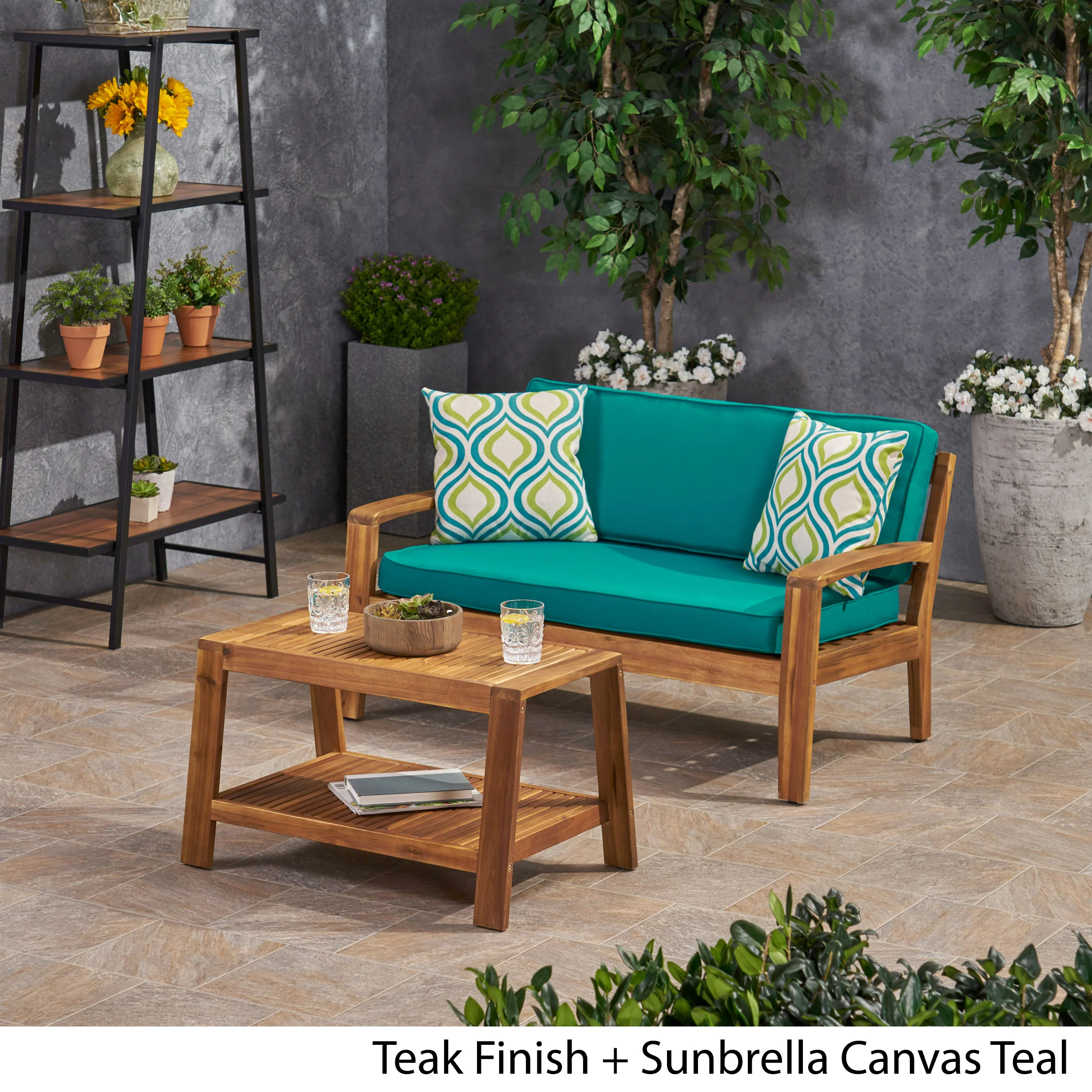 Parma Outdoor Acacia Wood Loveseat and Coffee Table Set with Sunbrella Cushions - furnishings