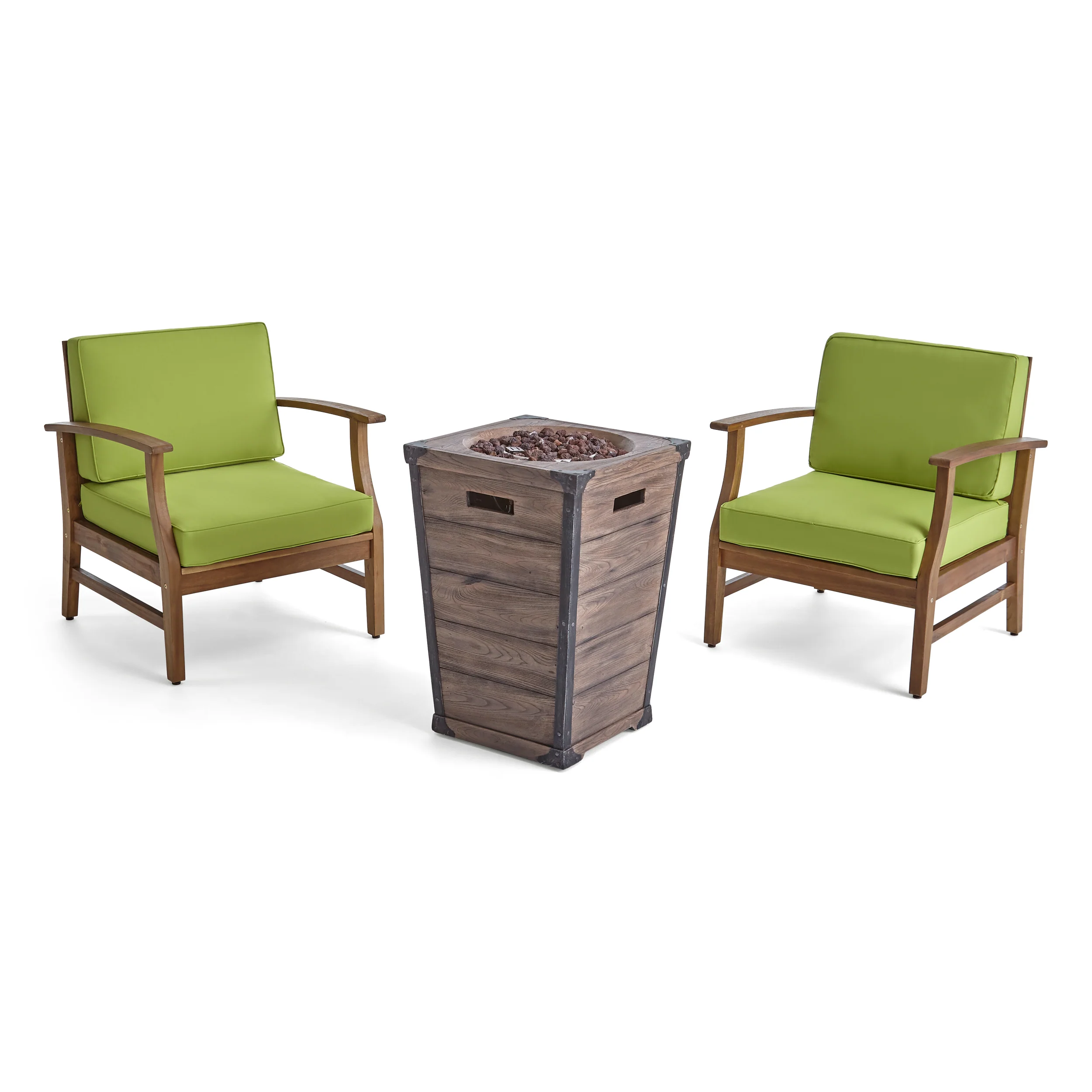 Capri Outdoor 2 Piece Acacia Wood Club Chair Set with Cushions and Fire Column - furnishings