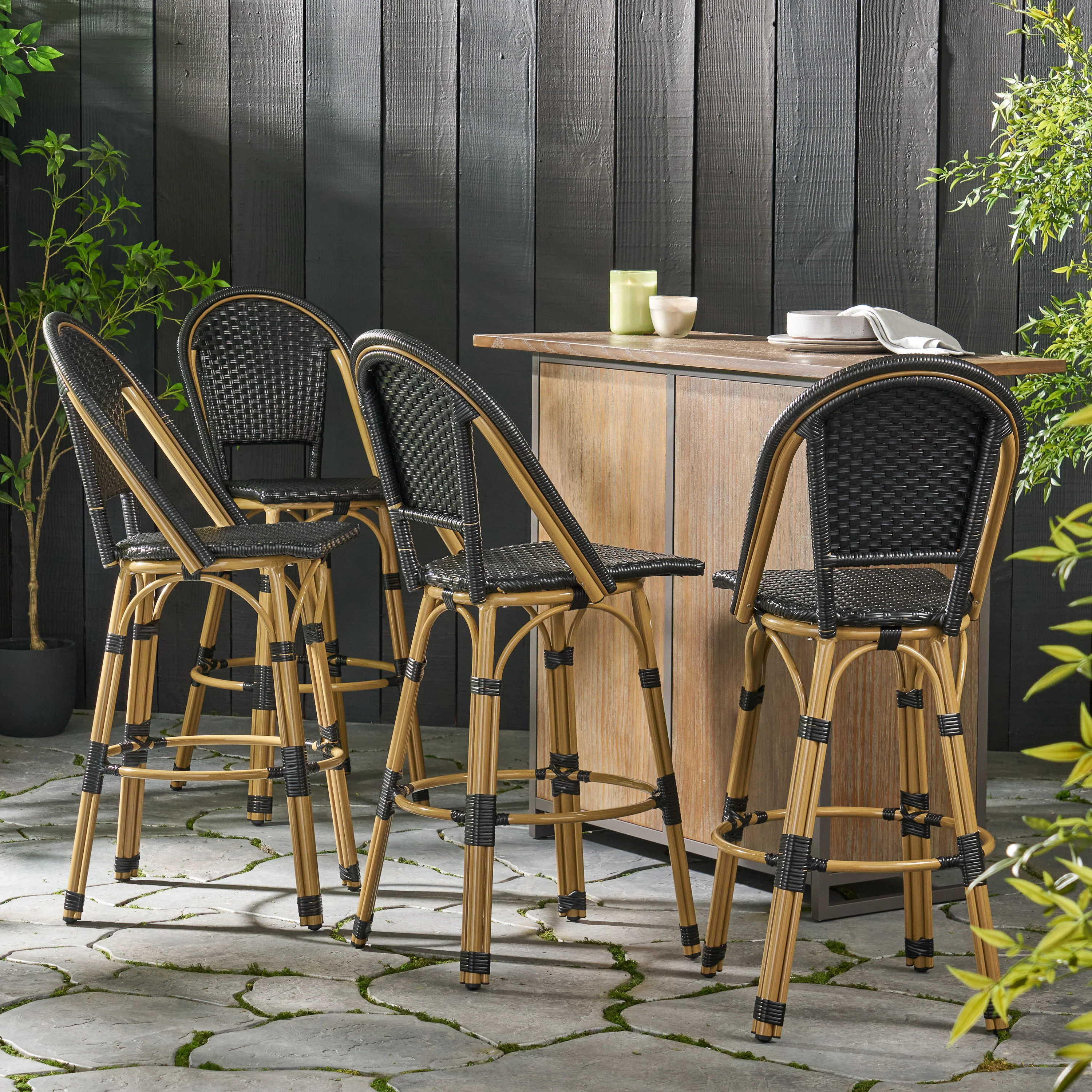 Cotterell Outdoor French Wicker and Aluminum 29.5 Inch Barstools, Set of 4 - furnishings