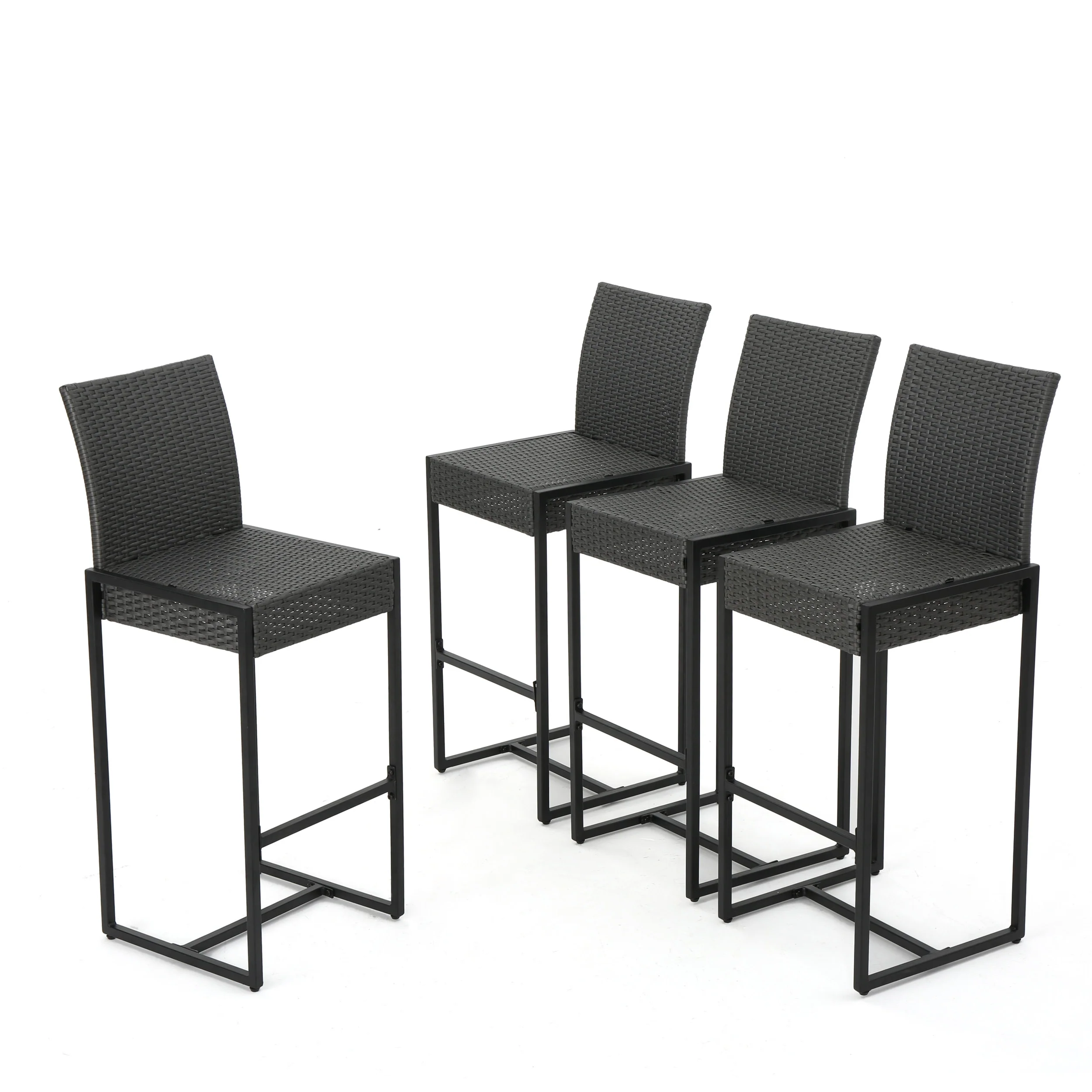 Conrad Outdoor Transitional 30-Inch Gray Wicker Barstools with Metal Frame - furnishings