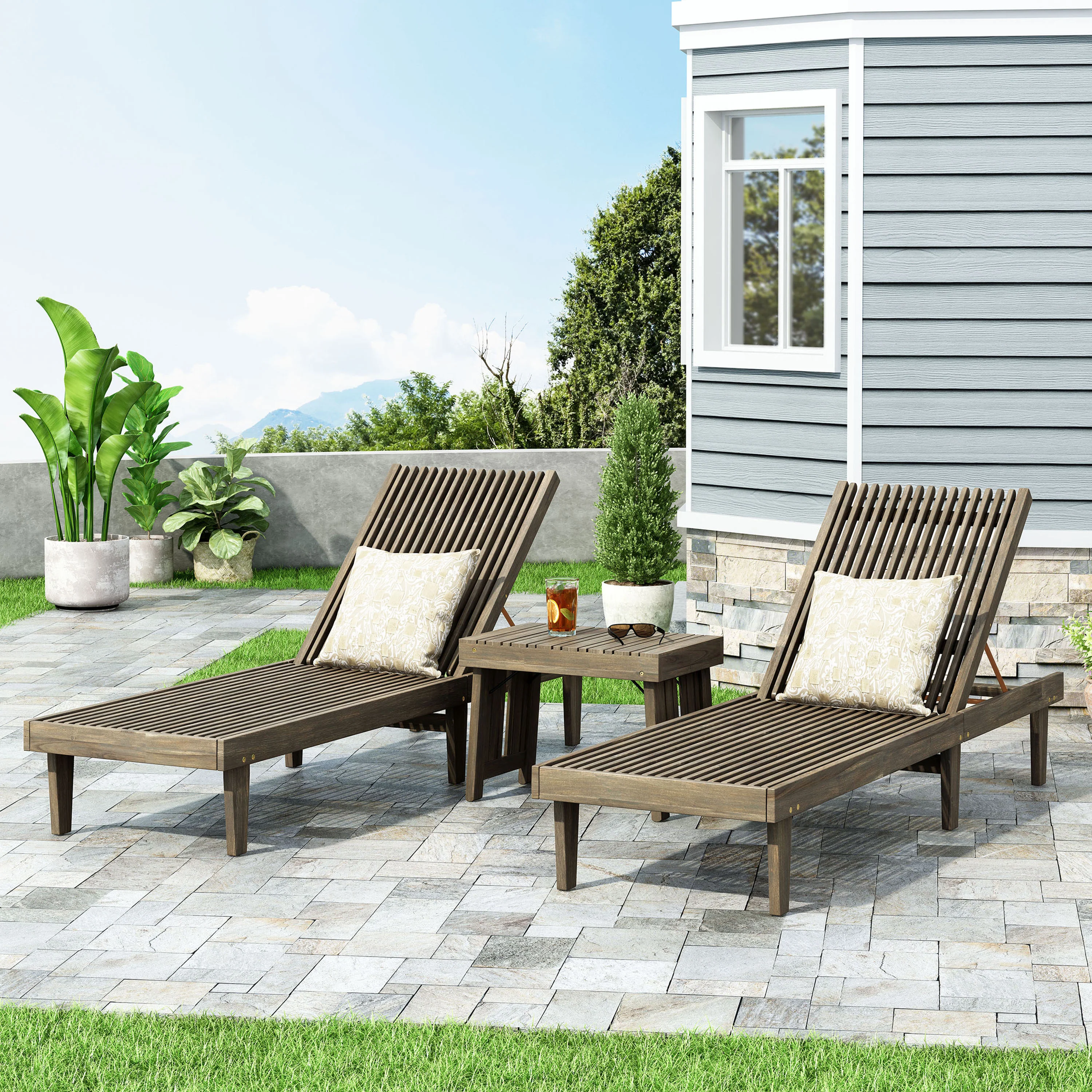 Addisyn Outdoor Acacia Wood 3 Piece Chaise Lounge Set - furnishings