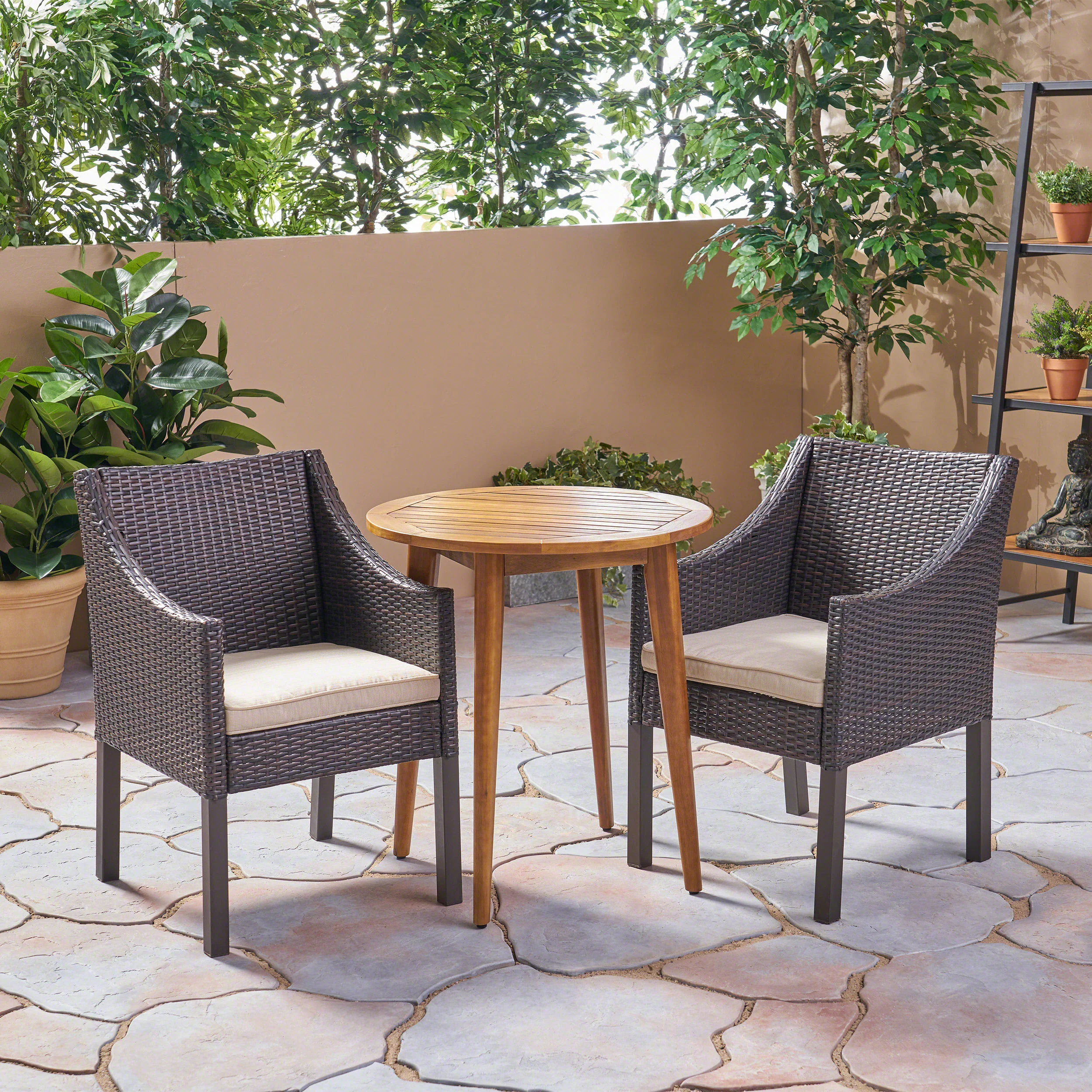 Jean Outdoor 3 Piece Wood  and Wicker Bistro Set - furnishings