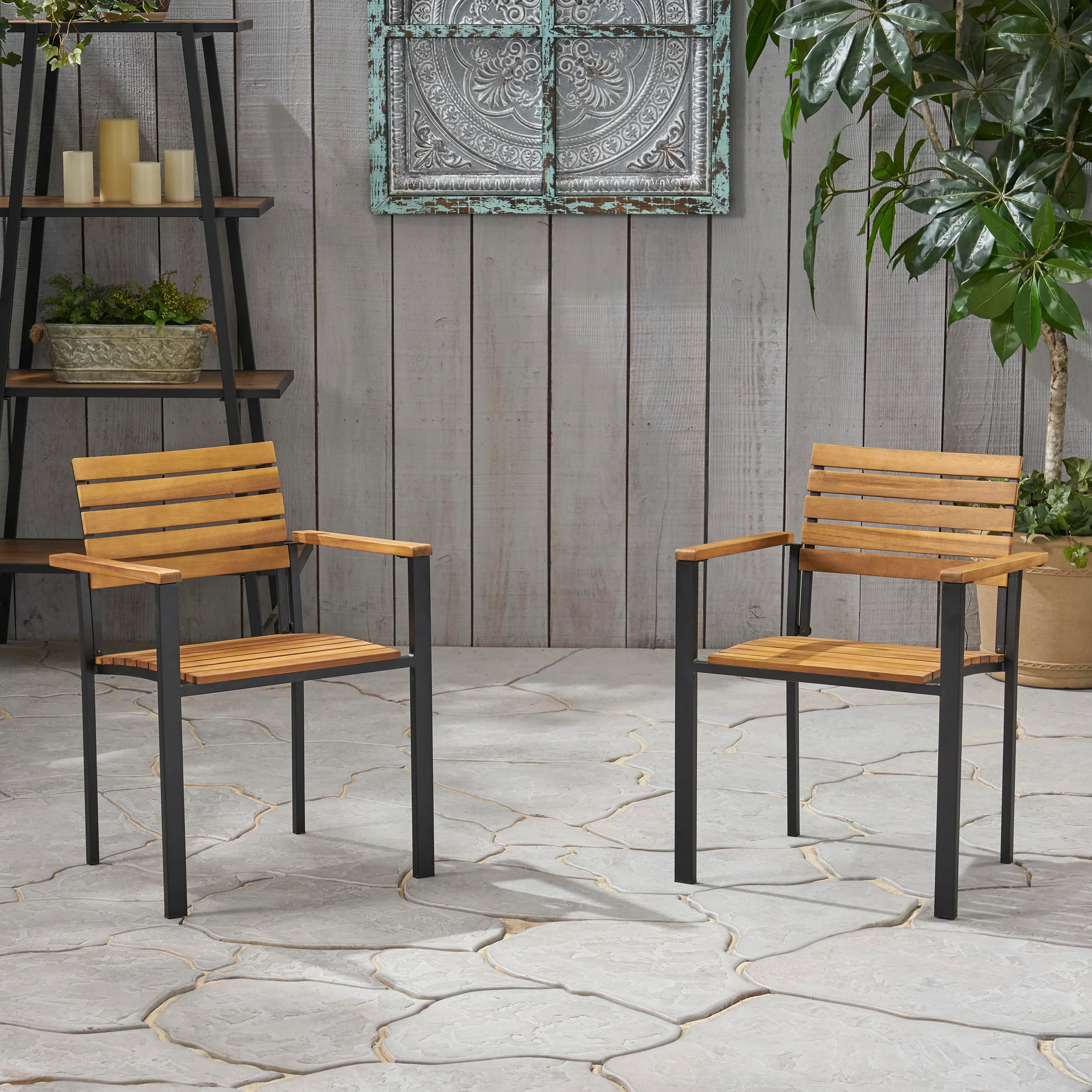 Alberta Outdoor Wood and Iron Dining Chairs (Set of 2) - furnishings