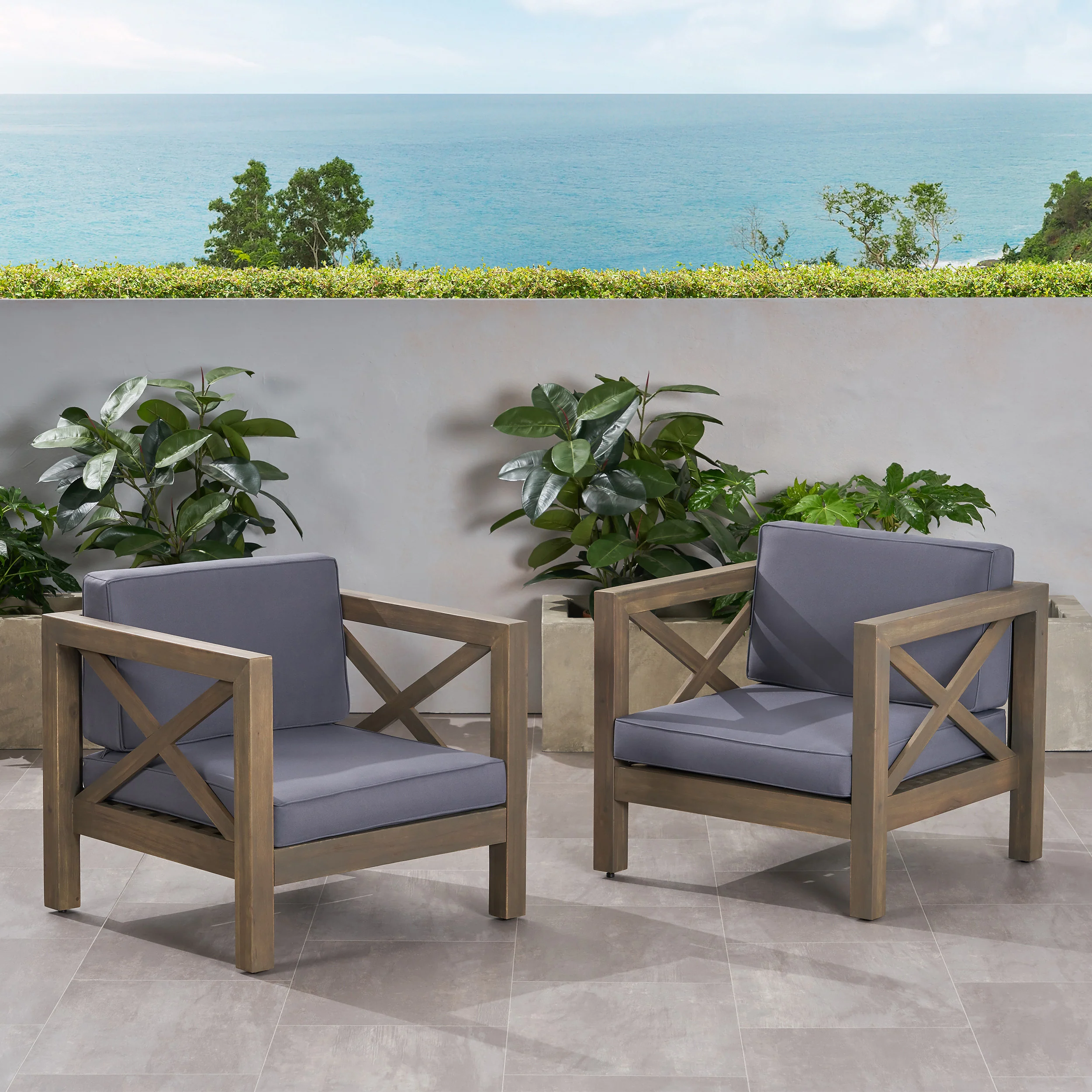 Indira Outdoor Acacia Wood Club Chairs with Cushions (Set of 2) - furnishings