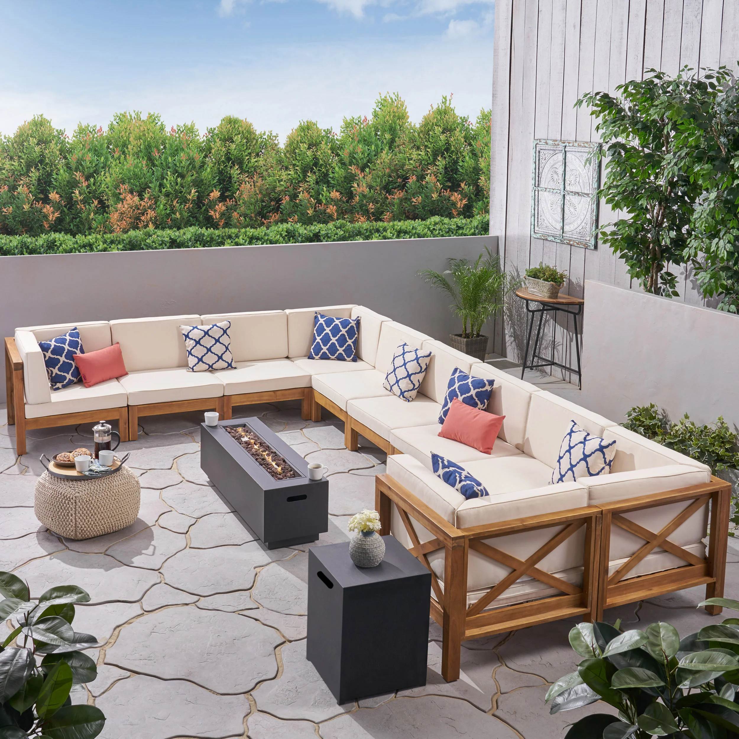 Lorelei Outdoor Acacia Wood 10 Seater U-Shaped Sectional Sofa Set with Fire Pit - furnishings