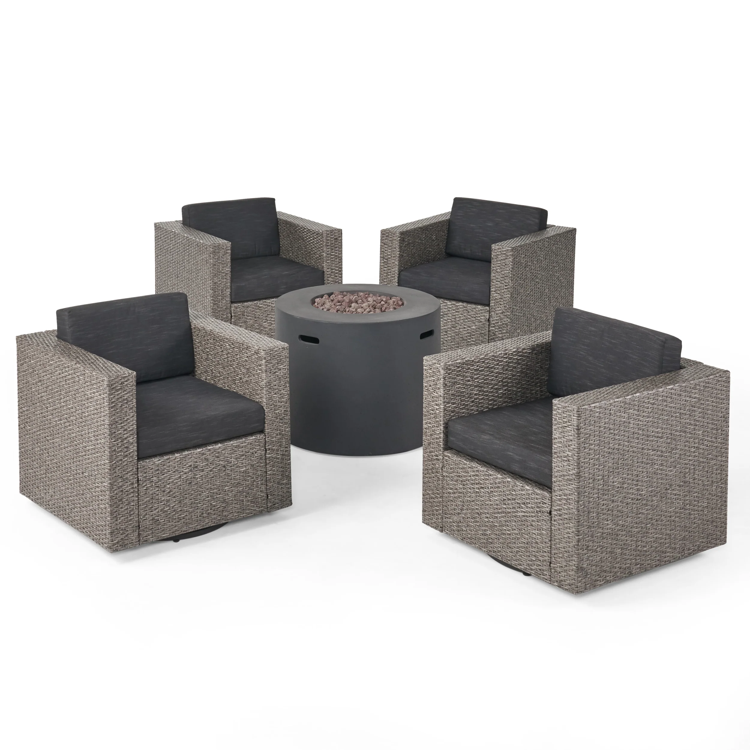 Leon Outdoor 4 Piece Swivel Club Chair Set with Round Fire Pit - furnishings