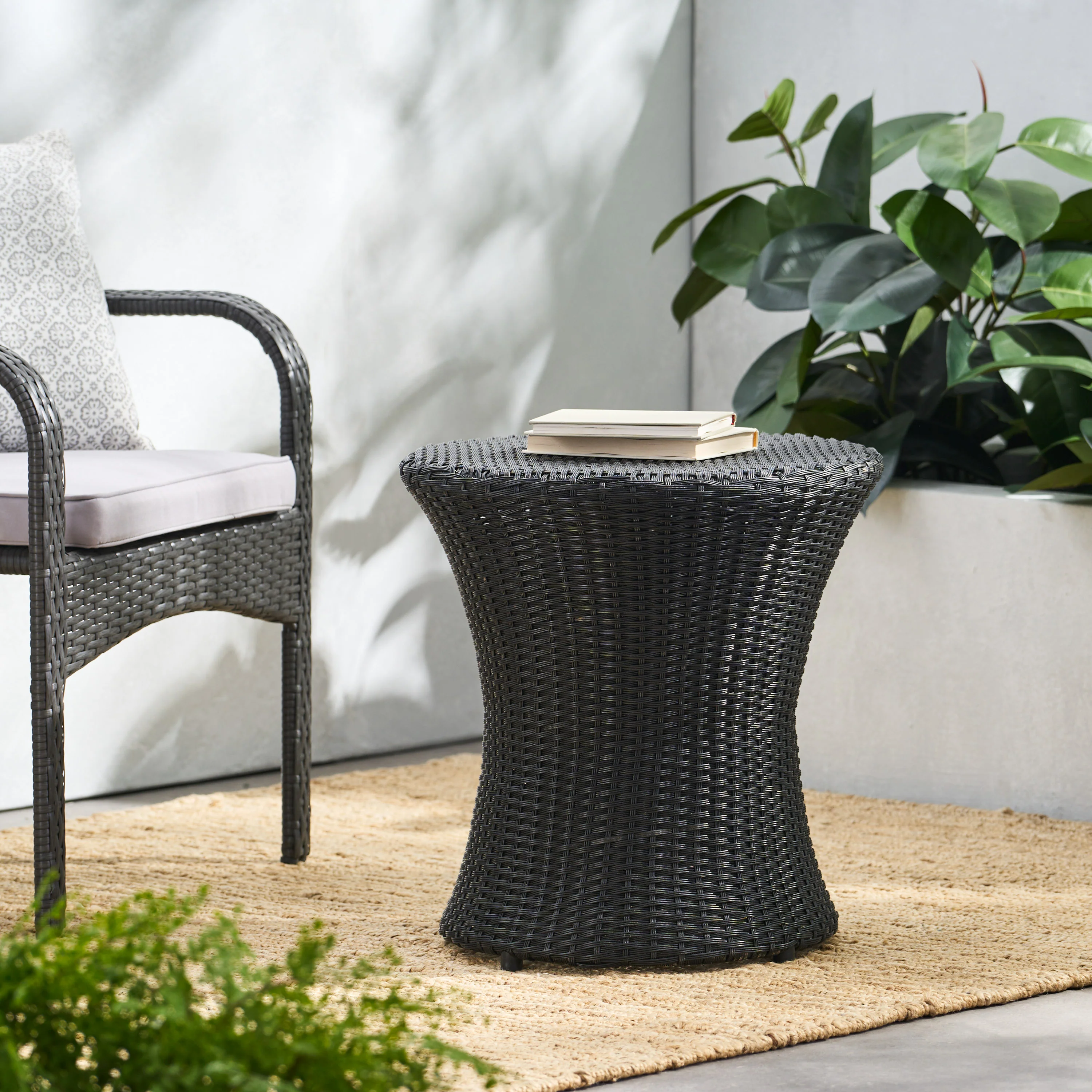 Lorenzo Modern Outdoor Black Wicker Hourglass Side Table - furnishings