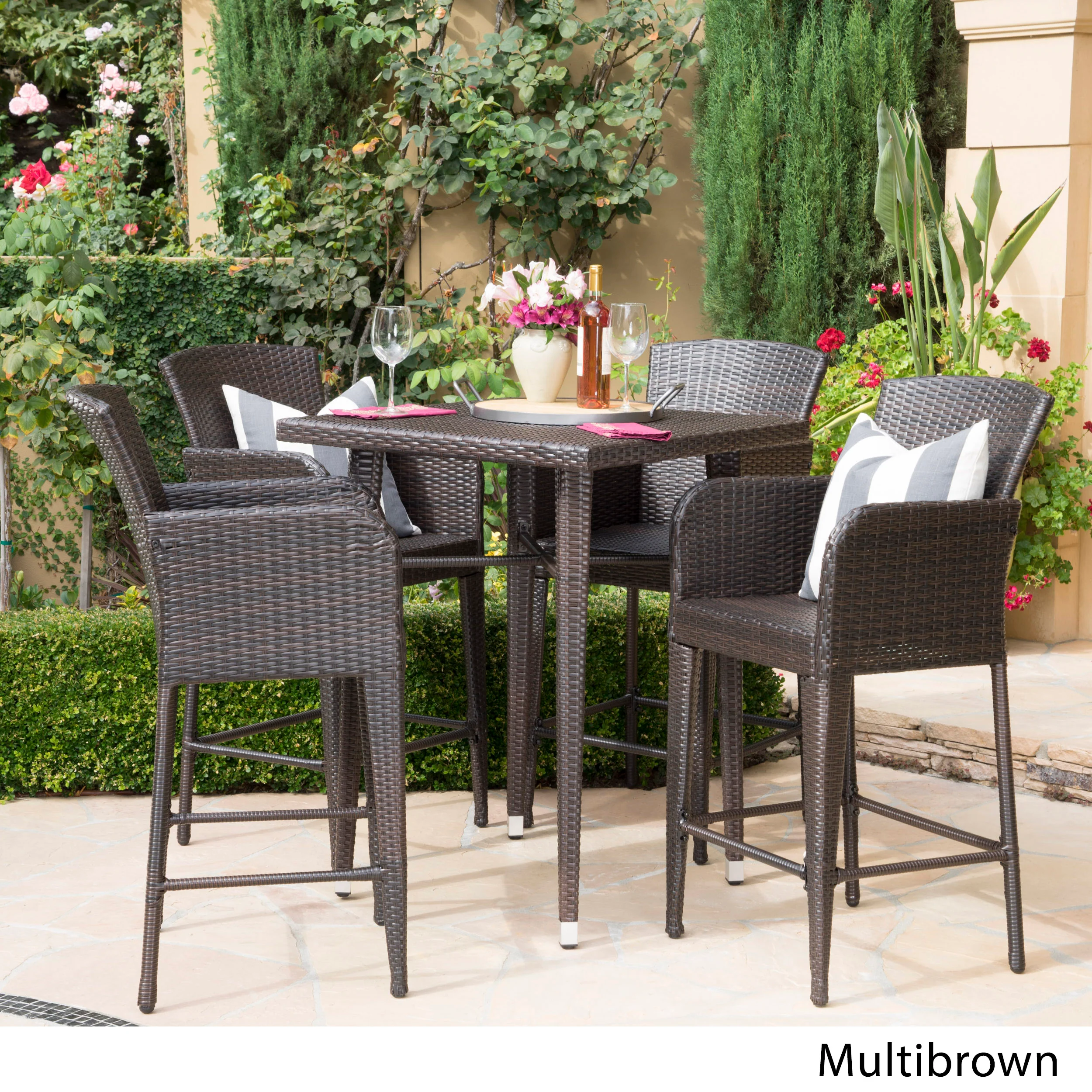 Landan Outdoor 5 Piece Multi-brown Wicker Square Bar Table Set - furnishings