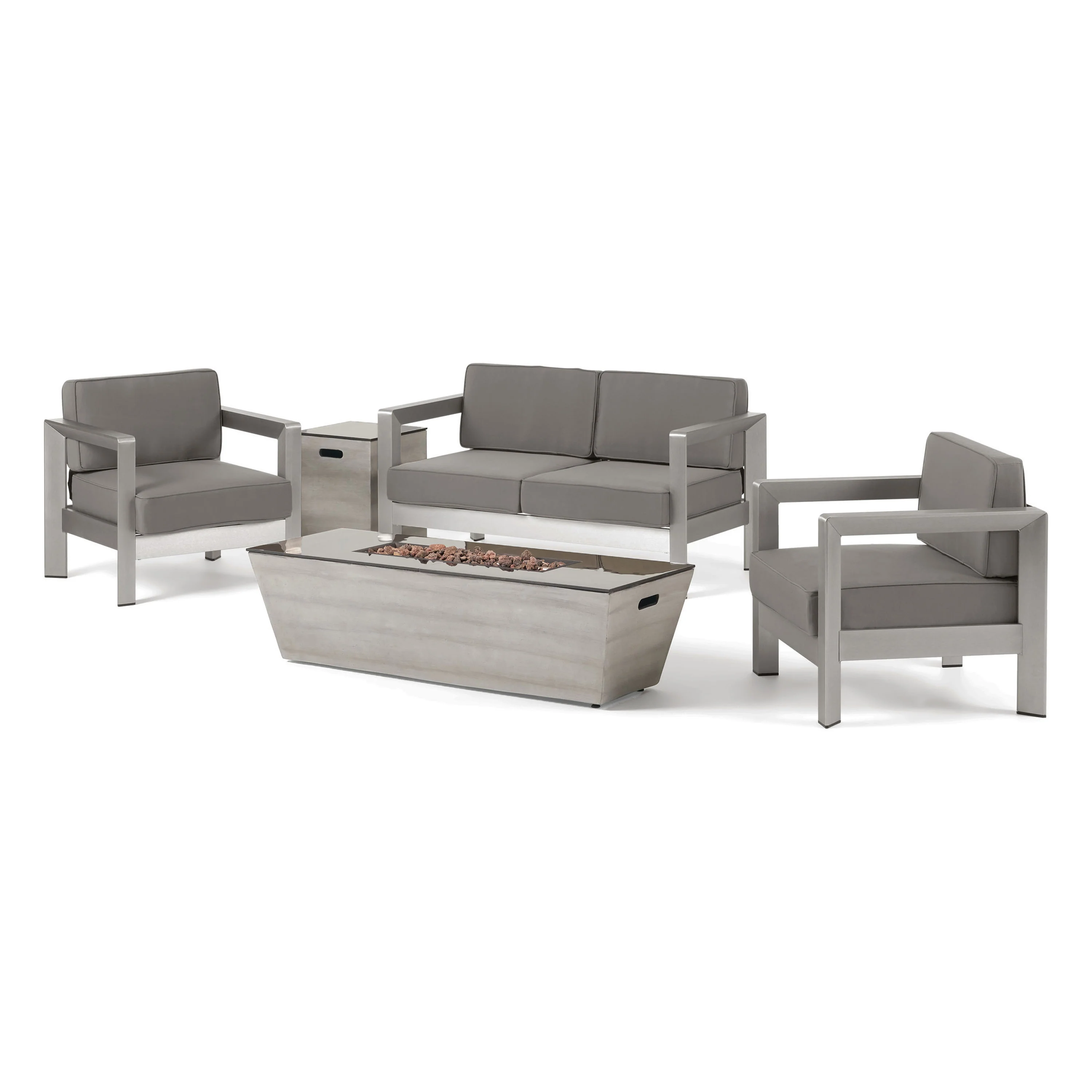 Gianelle Outdoor Modern 4 Seater Aluminum Chat Set with Fire Pit and Tank Holder - furnishings