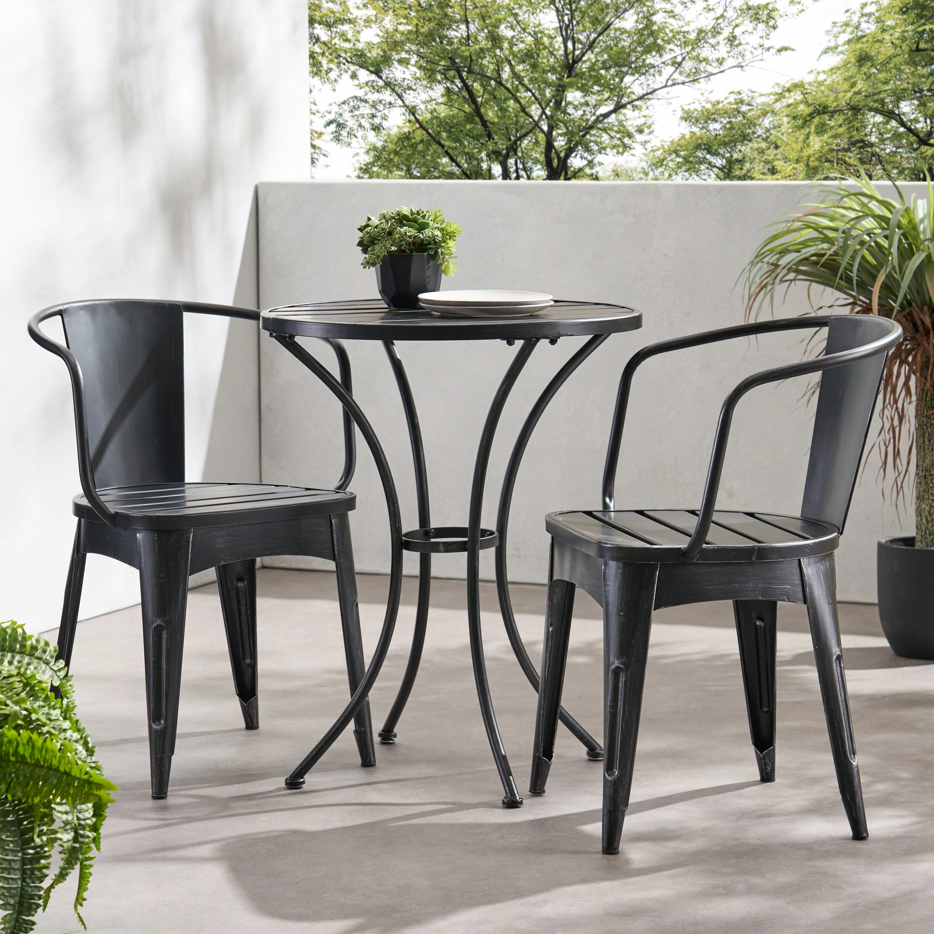 Castro Outdoor Modern 3-Piece Metal Bistro Set with Slats - furnishings