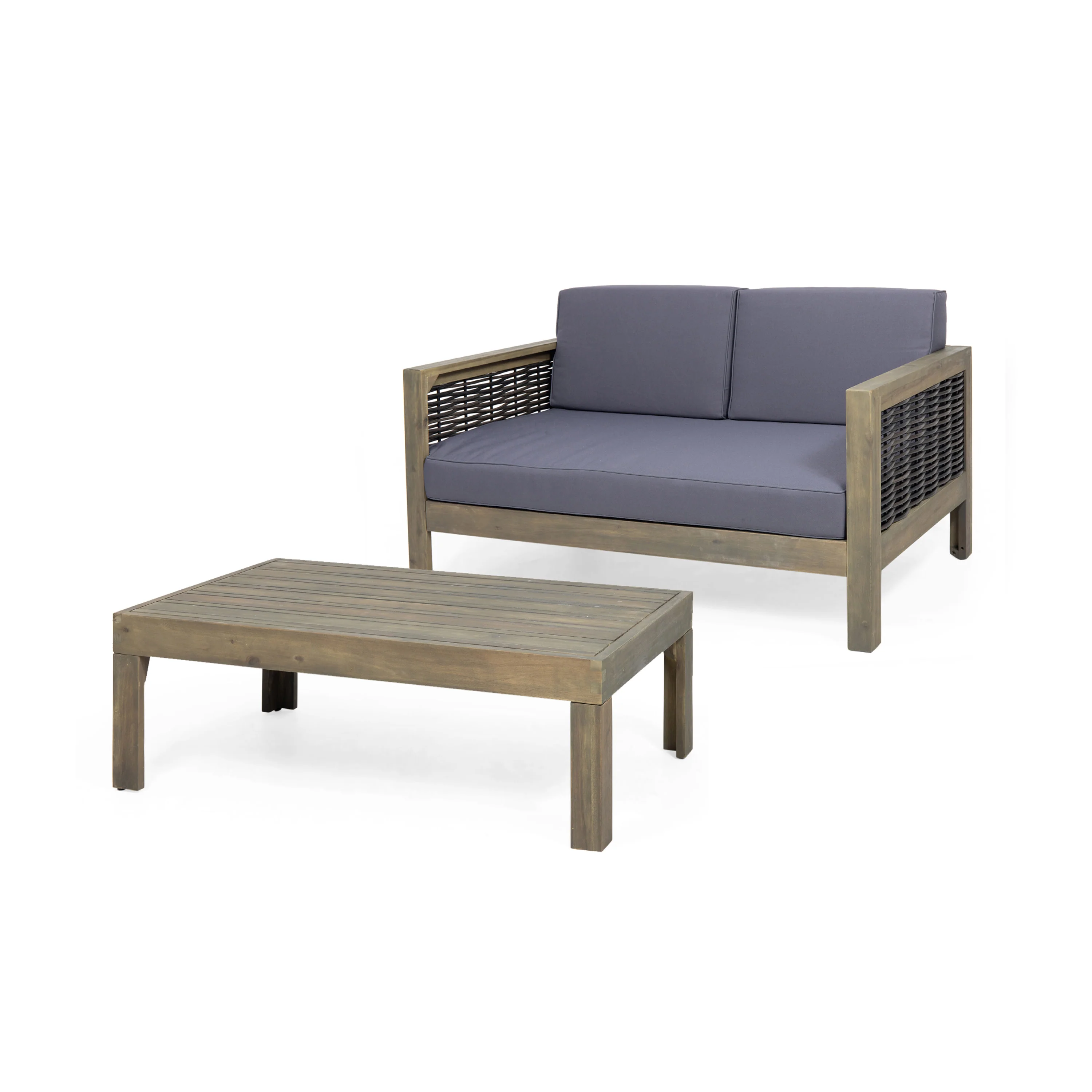 Allegra Outdoor Acacia Wood and Wicker Loveseat and Coffee Table Set with Cushions - furnishings