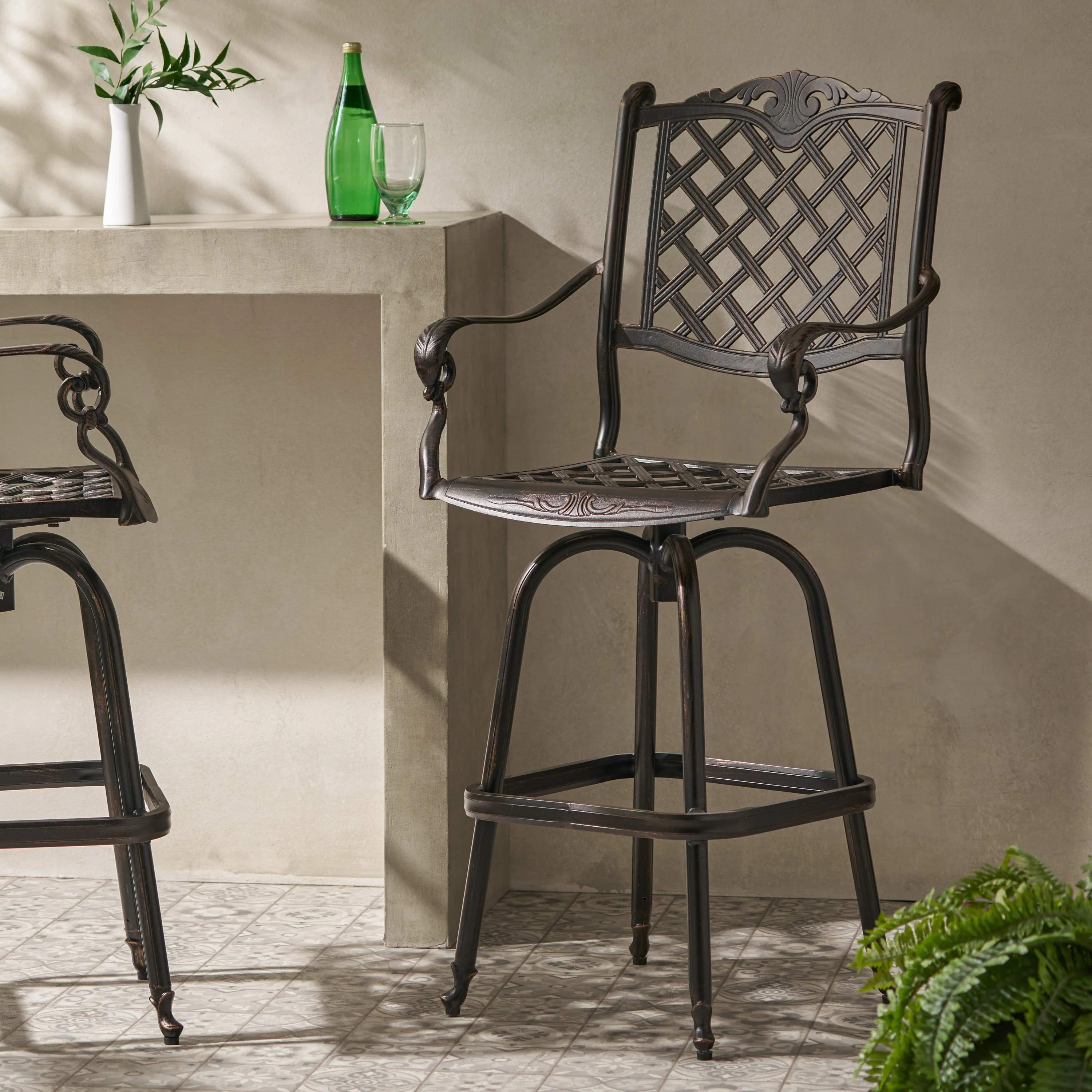 Pomelo Traditional Outdoor Shiny Copper Cast Aluminum Swivel Barstool with Arms - furnishings