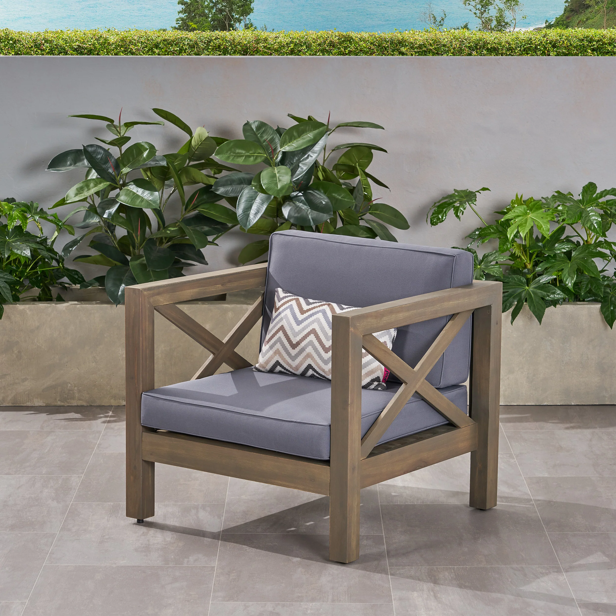 Indira Outdoor Acacia Wood Club Chair with Cushion - furnishings