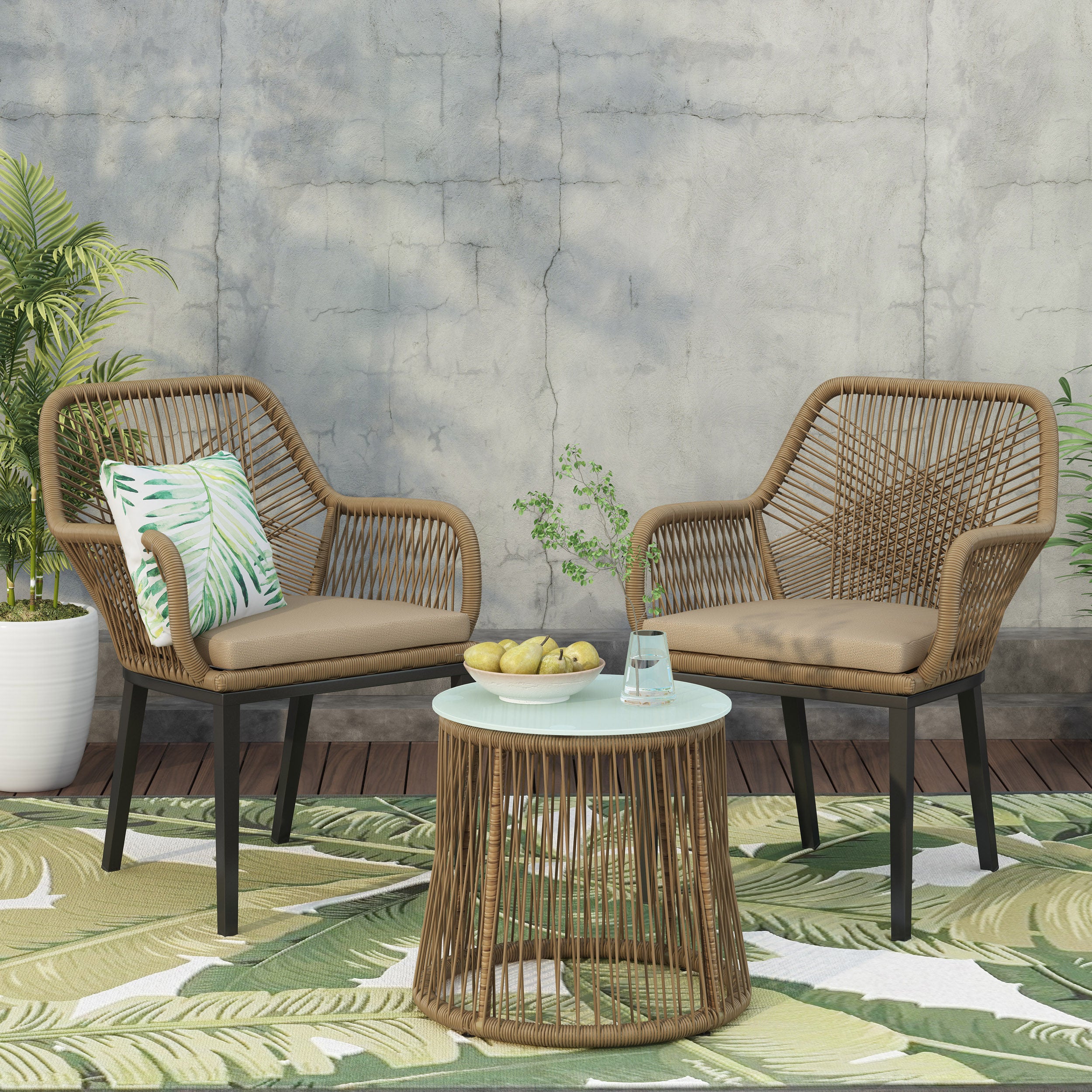Eloam Outdoor Wicker 2 Seater Chat Set, Light Brown and Beige - furnishings