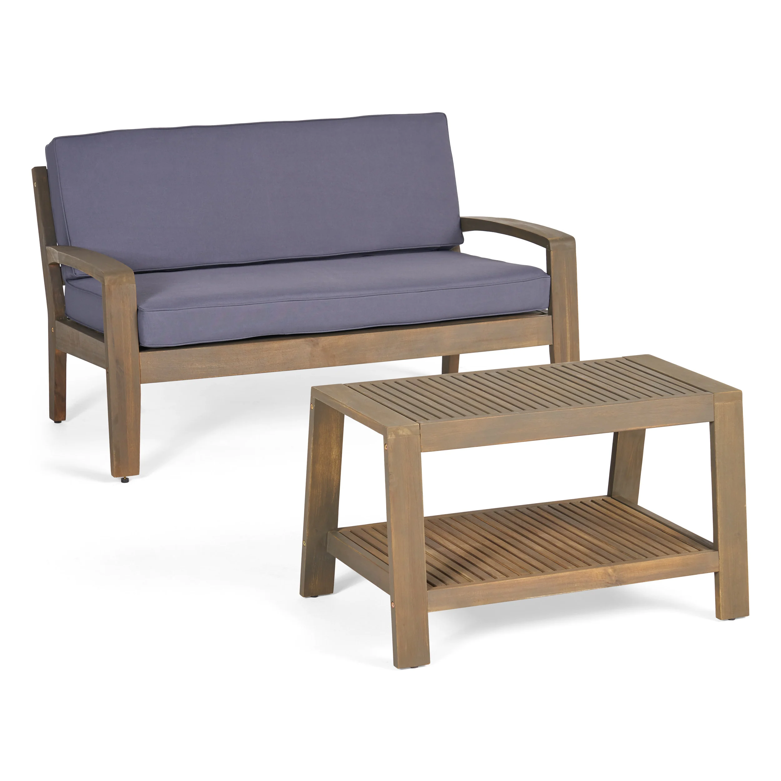 Christian Outdoor Acacia Wood Loveseat and Coffee Table Set with Cushions - furnishings