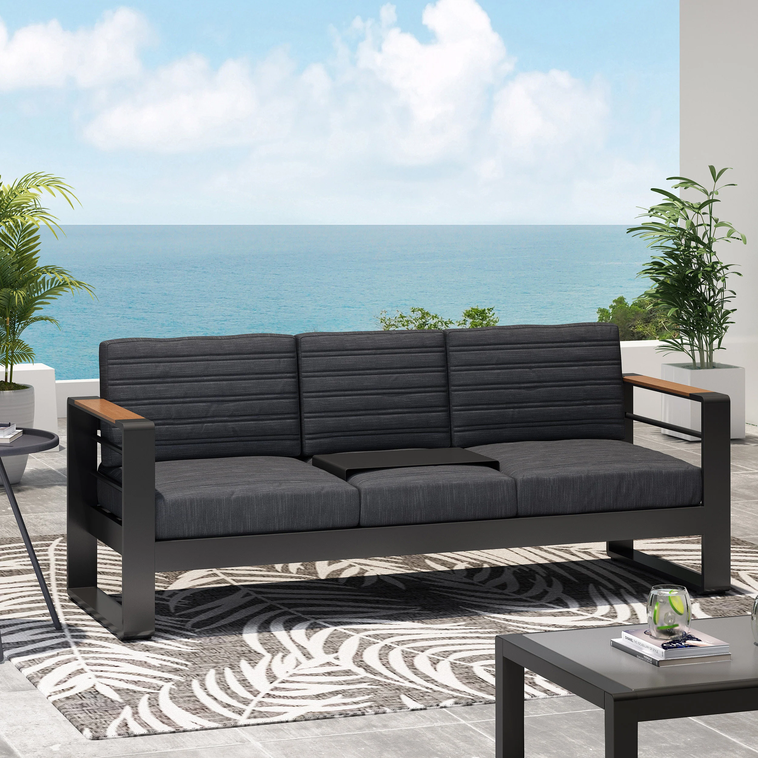Neffs Outdoor Aluminum 3 Seater Sofa with Water Resistant Cushions, Black, Natural, and Dark Gray - furnishings
