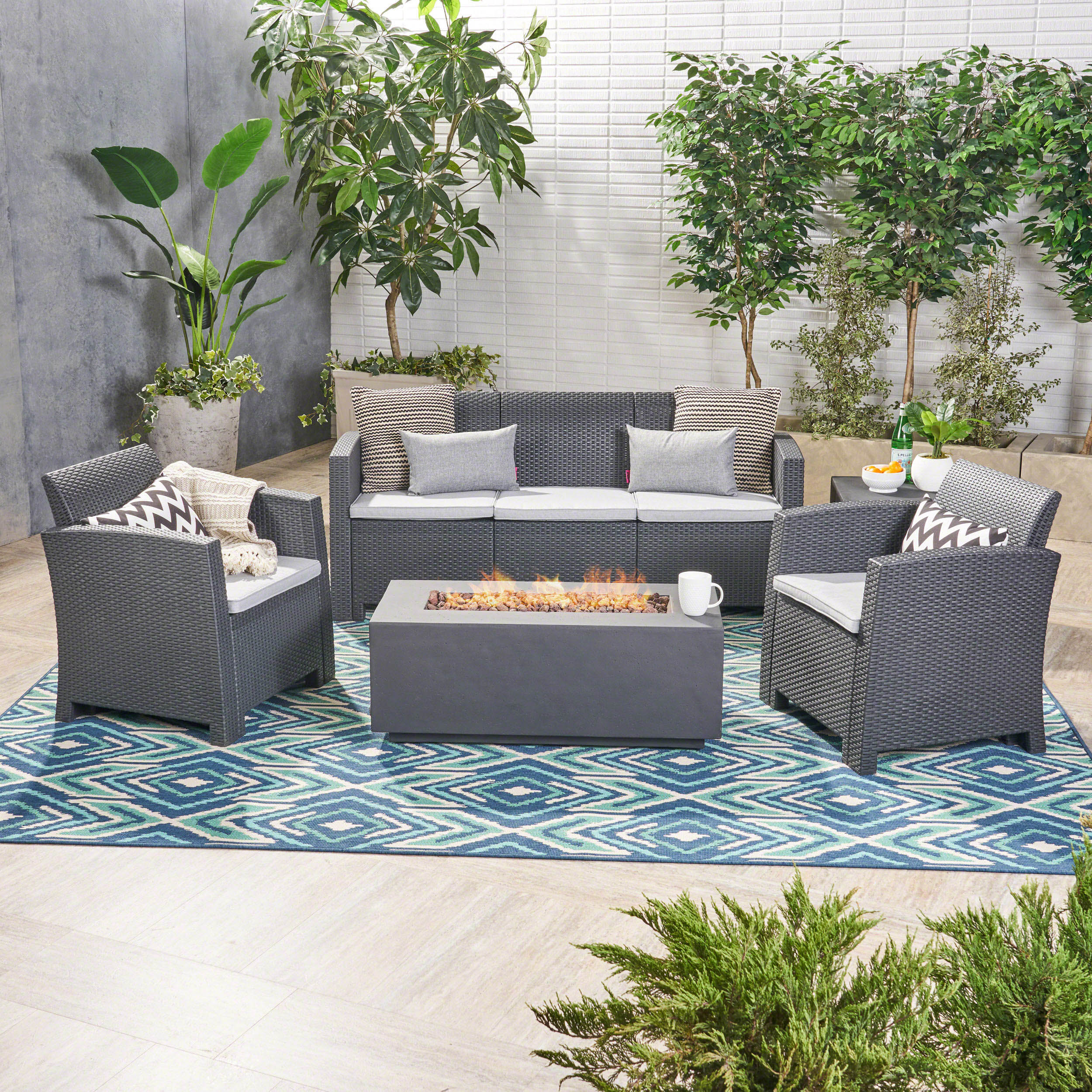 Clay Outdoor 5-Seater Wicker Print Chat Set with Fire Pit and Tank Holder - furnishings