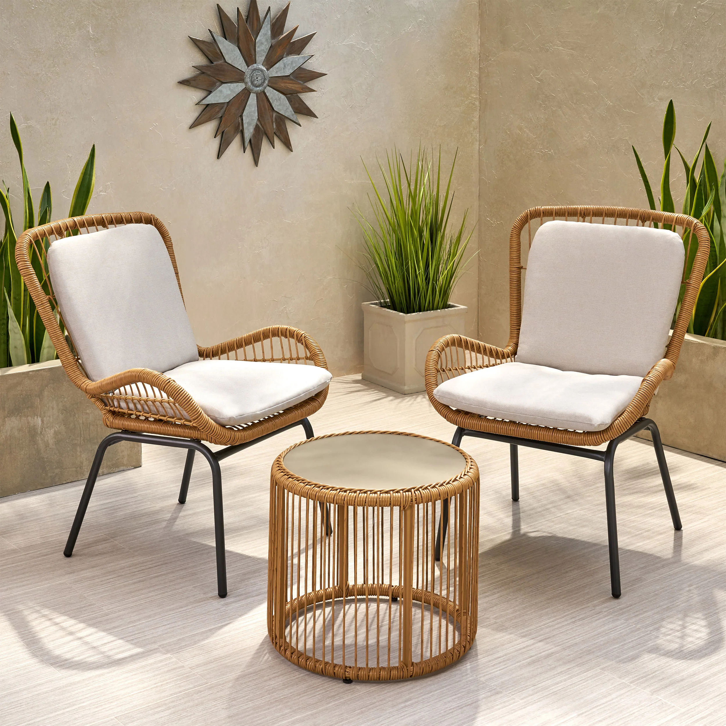 Averyrose Outdoor Wicker Chat Set with Cushions - furnishings
