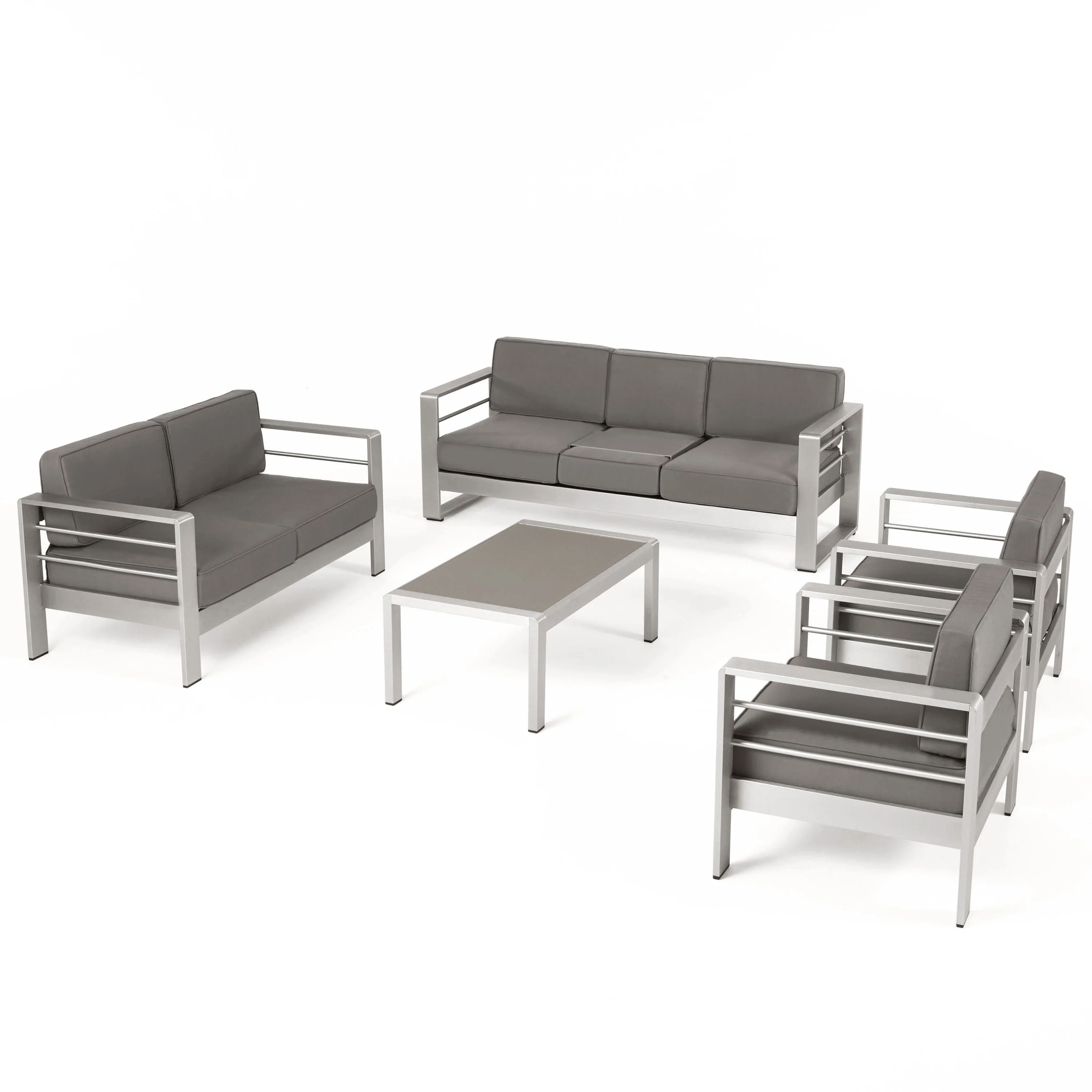 Crested Bay Outdoor Aluminum 7 Seater Chat Set with Cushions, Silver and Khaki - furnishings