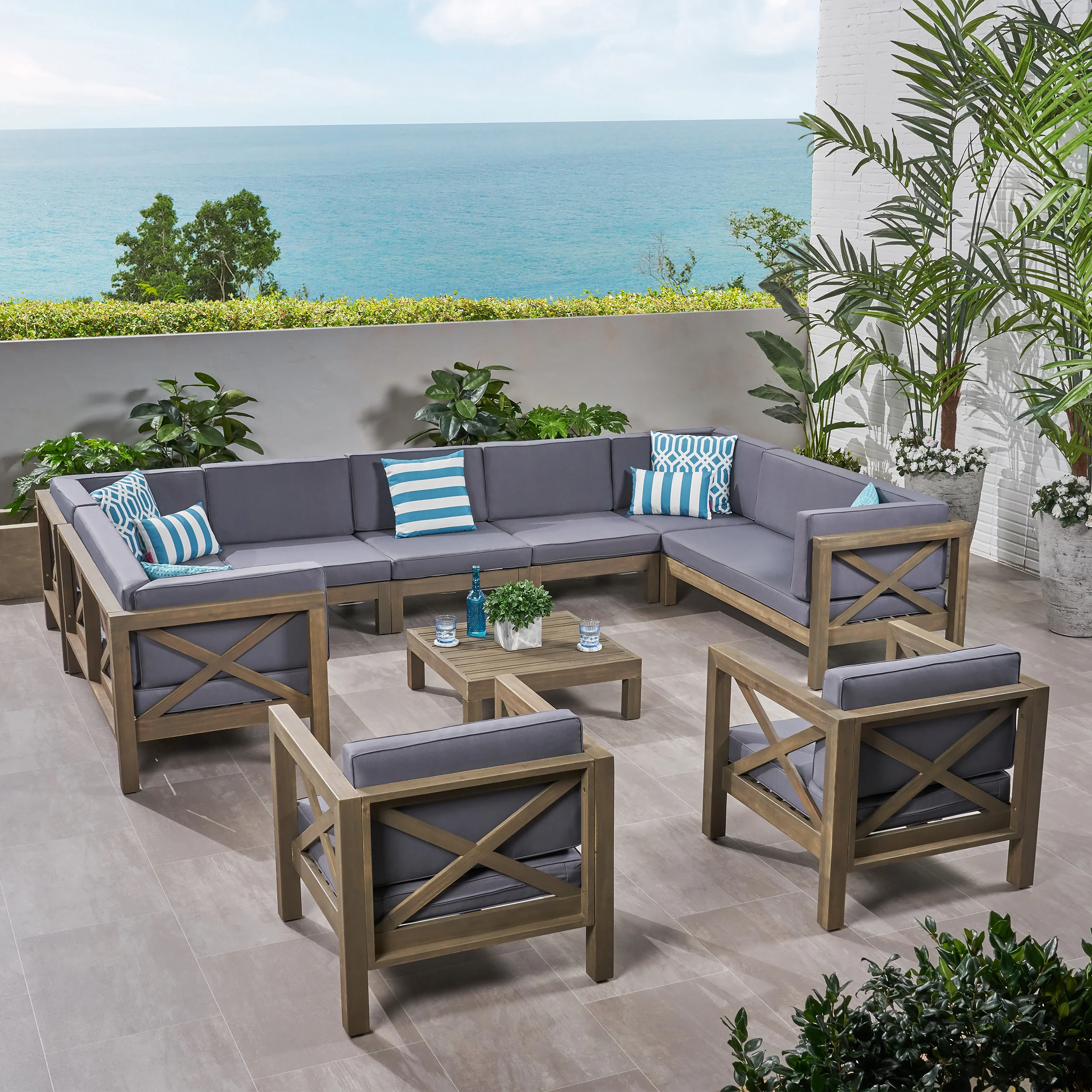 Isabella Outdoor 11 Seater Acacia Wood Sectional Sofa and Club Chair Set - furnishings