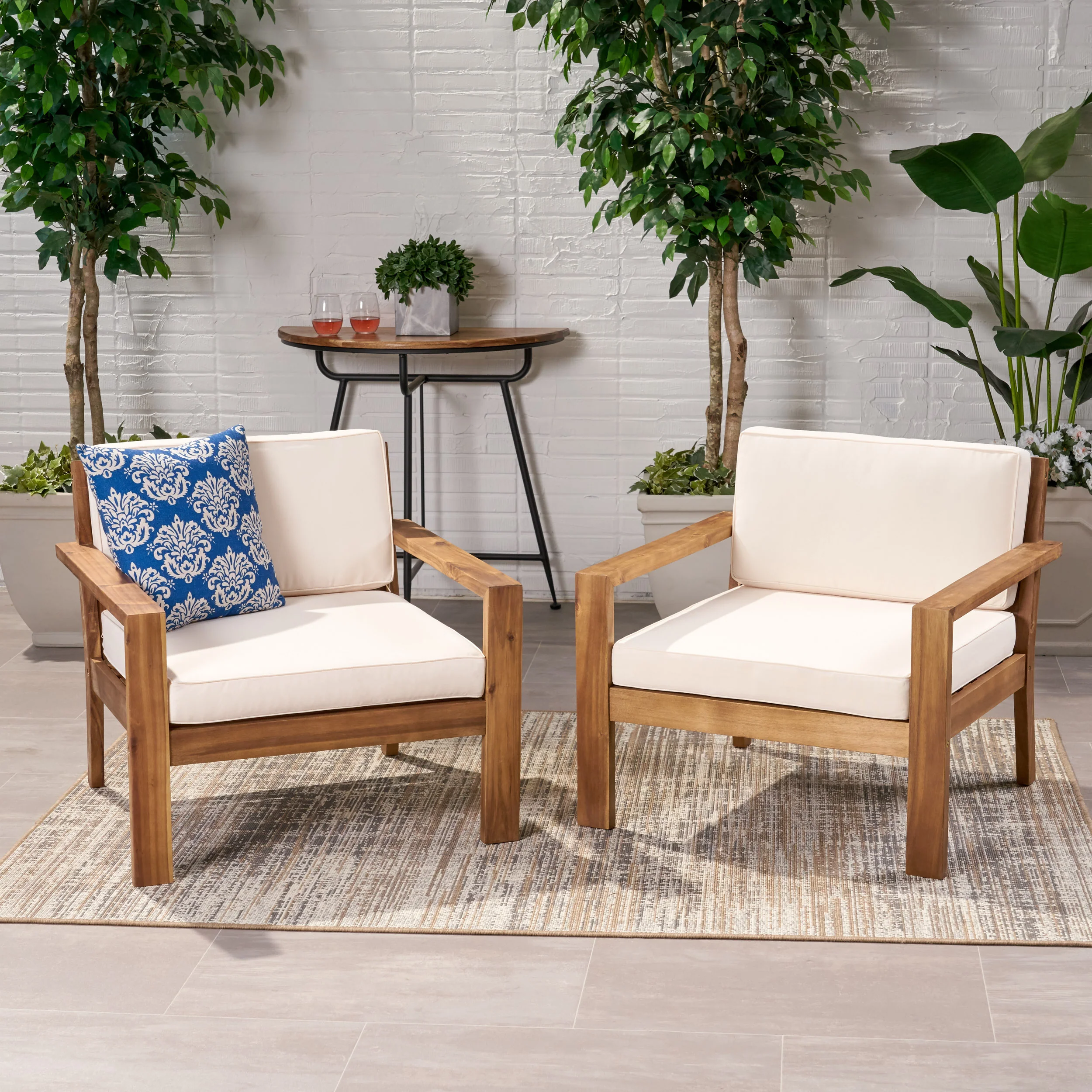 Ben Outdoor Acacia Wood Club Chairs with Cushions (Set of 2), Teak - furnishings