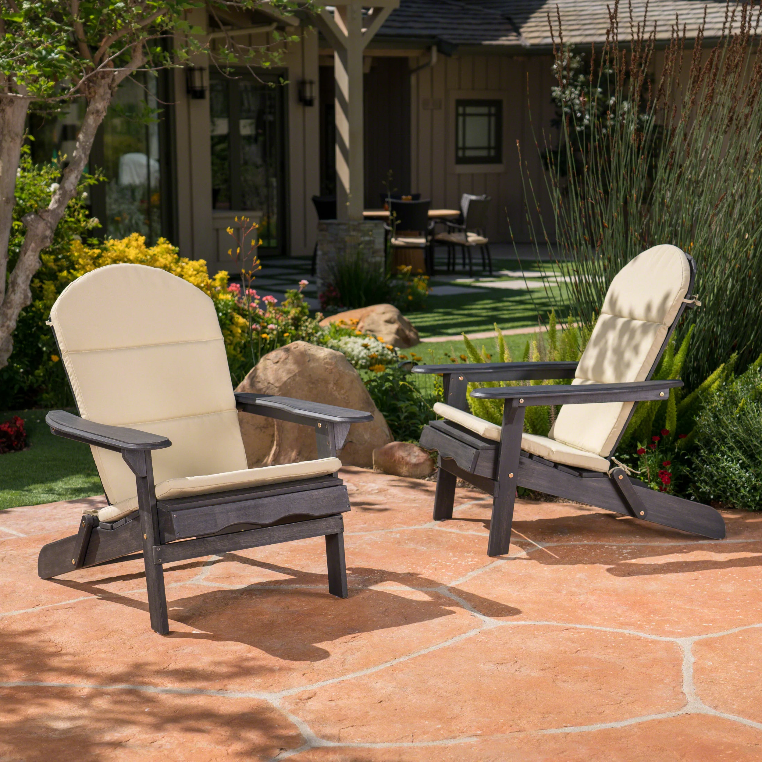 Nelie Outdoor Acacia Wood Folding Adirondack Chairs with Cushions - furnishings