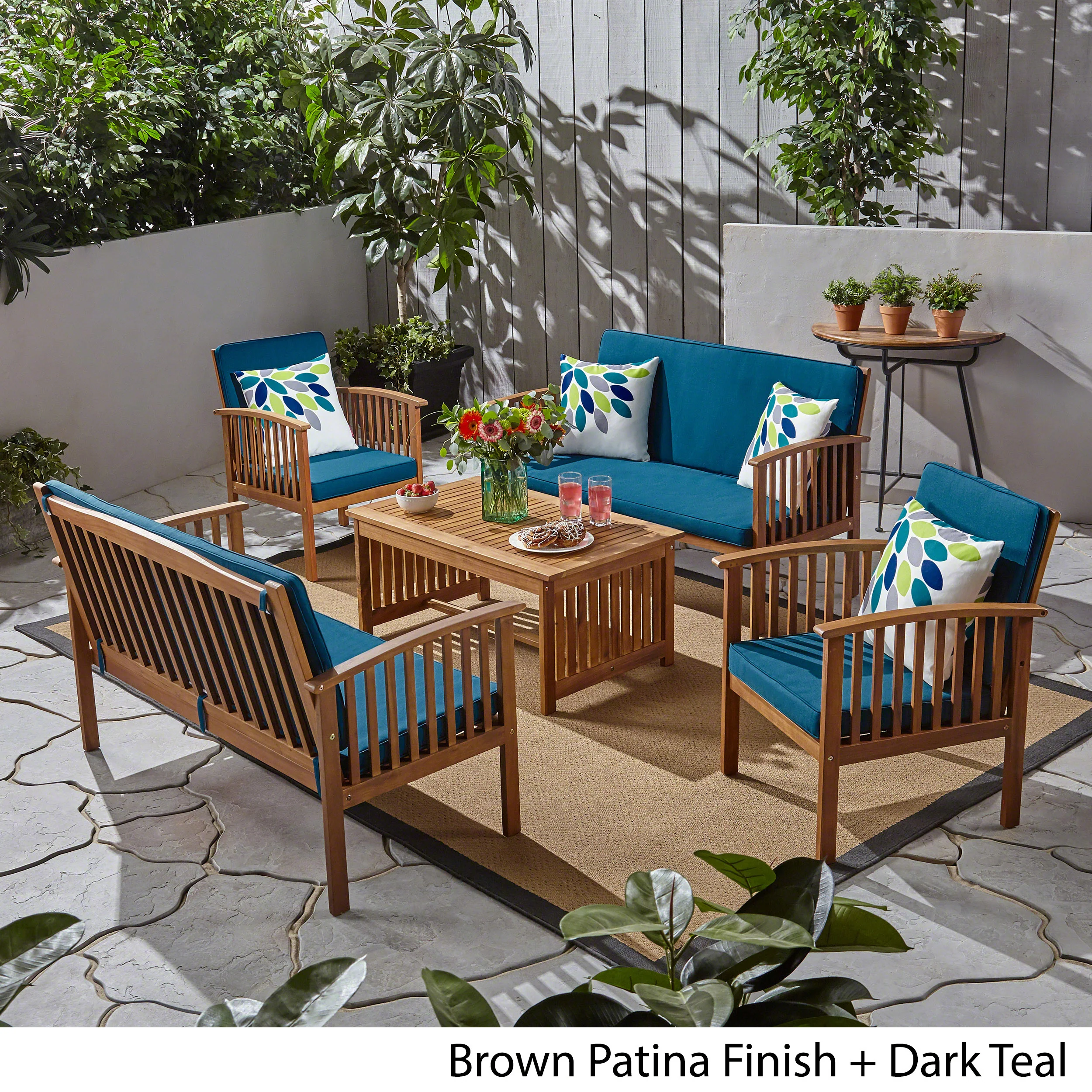 Beckley Outdoor Acacia Wood 6 Seater Conversation Set with Coffee Table - furnishings