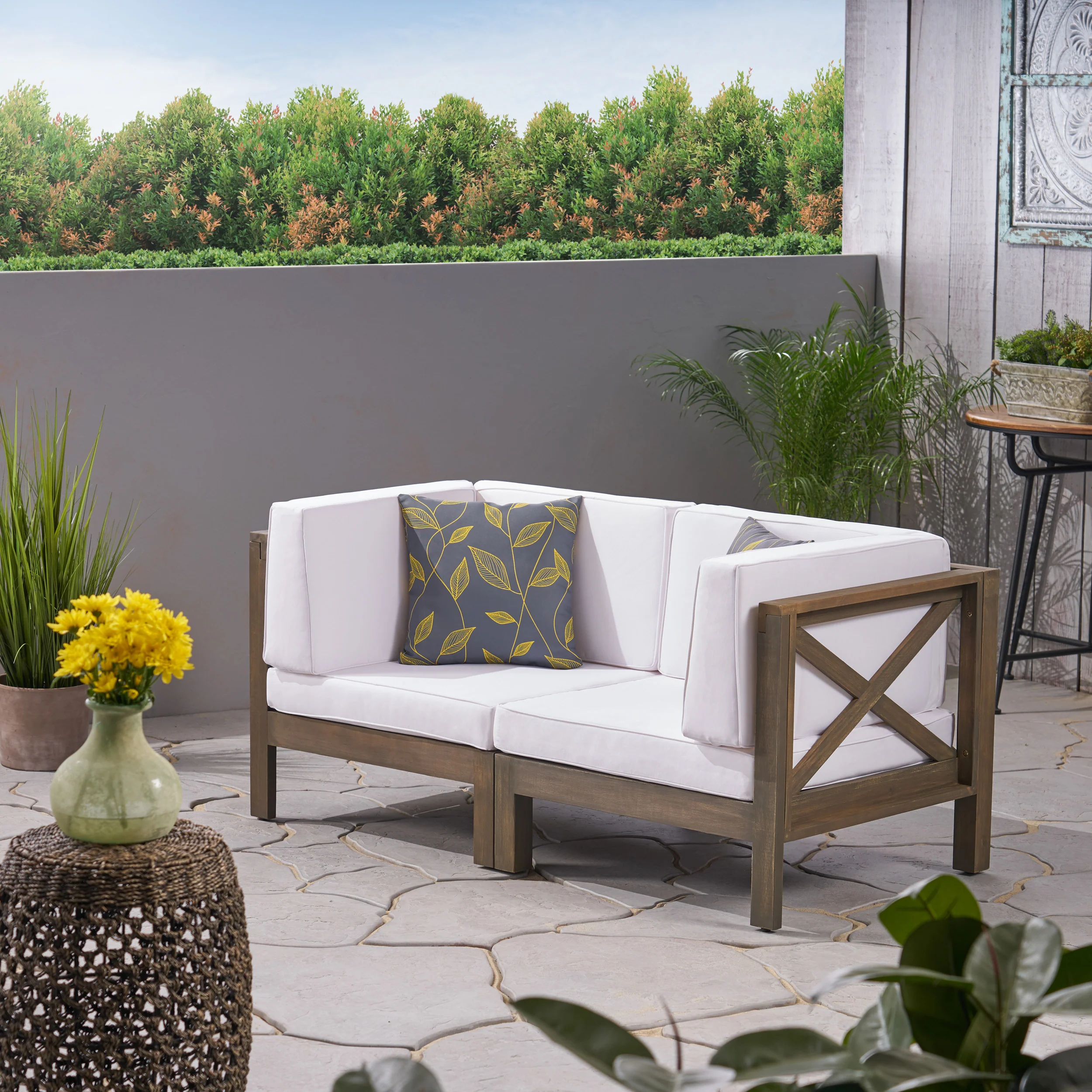 Keith Outdoor Sectional Loveseat Set  2-Seater  Acacia Wood  Water-Resistant Cushions - furnishings