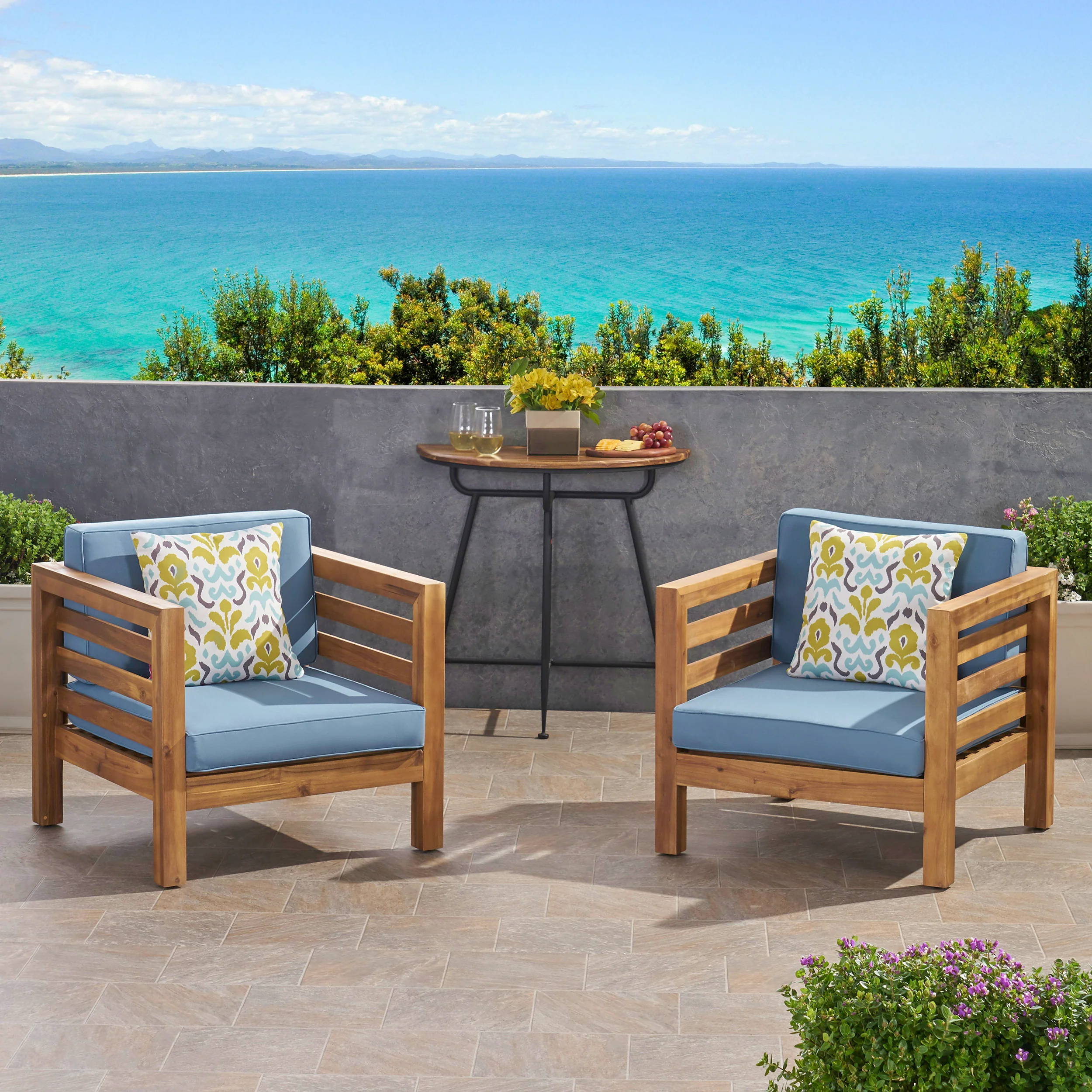 Louise Outdoor Acacia Wood Club Chairs with Cushions (Set of 2) - furnishings